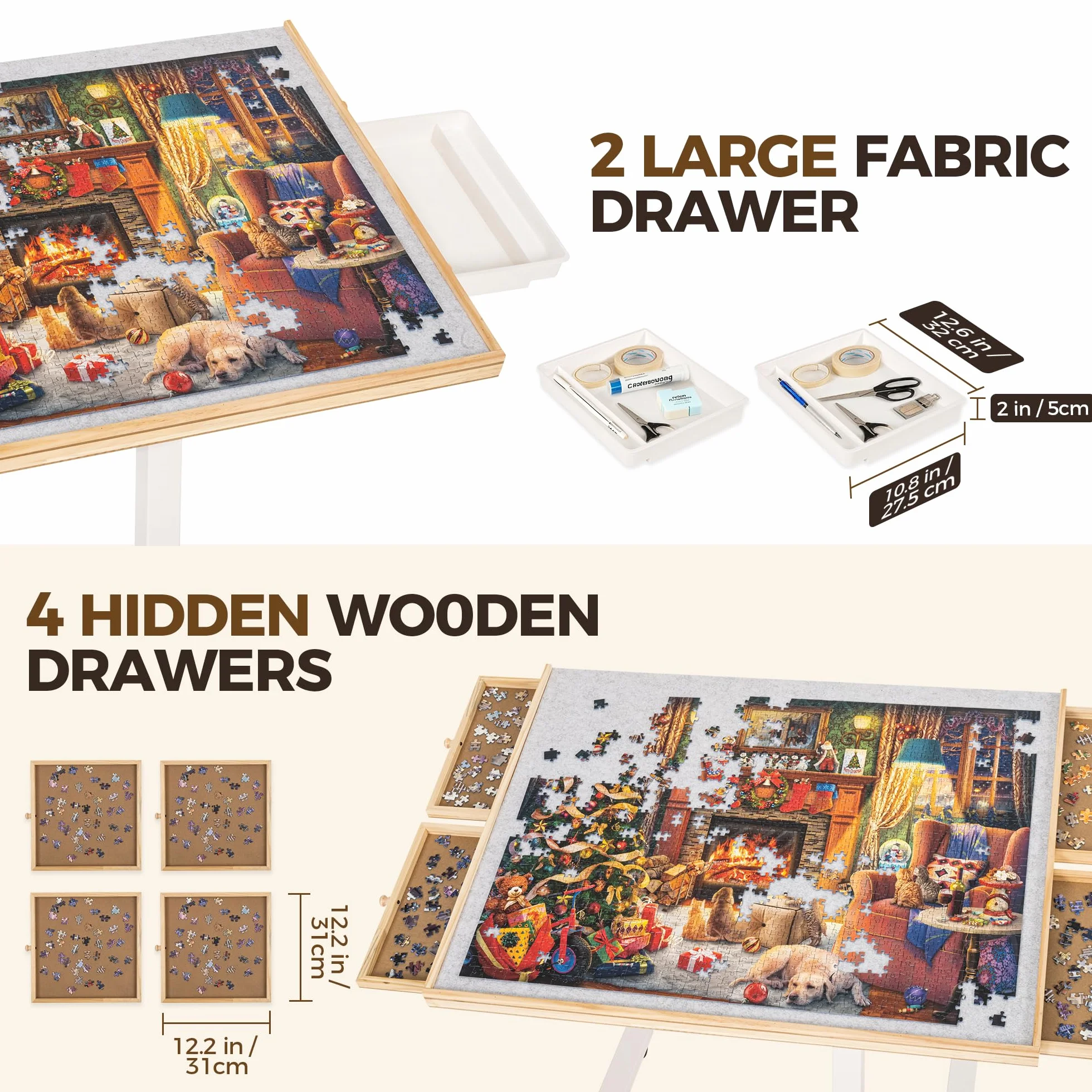 ROPODA Mesa Puzzle de 1500 Piezas, Tablero de Rompecabezas con Ajuste de Ángulo y Altura, Mesa de Rompecabezas con Seis Cajones, Tapa y Cuatro Ruedas, Puzzle Table con Pedestal Único, 89 x 68 cm