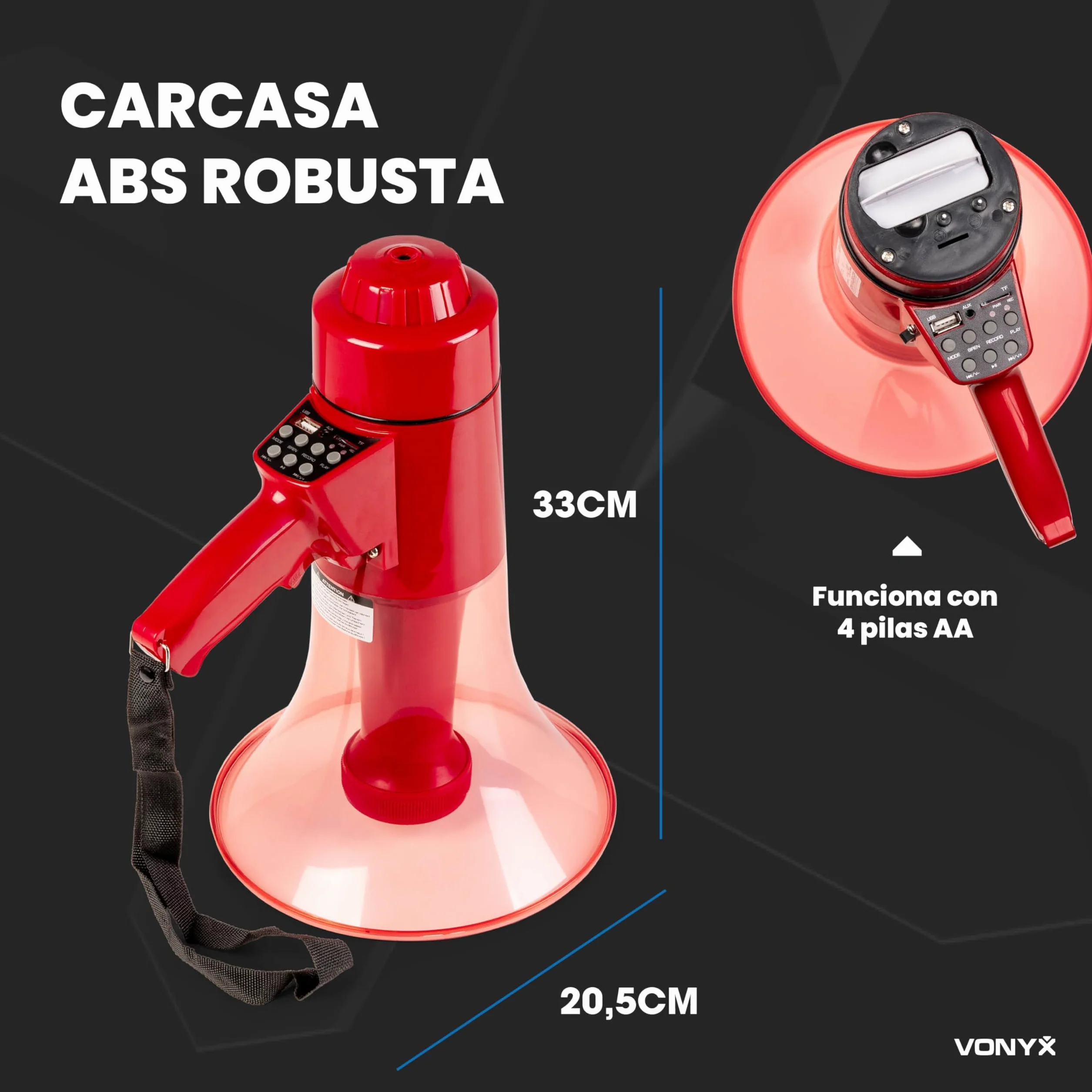 Vonyx MEG050 Megáfono 50W 1000m Alcance Batería Recargable Sirena Micrófono LED Bluetooth MP3 USB SD AUX Rojo