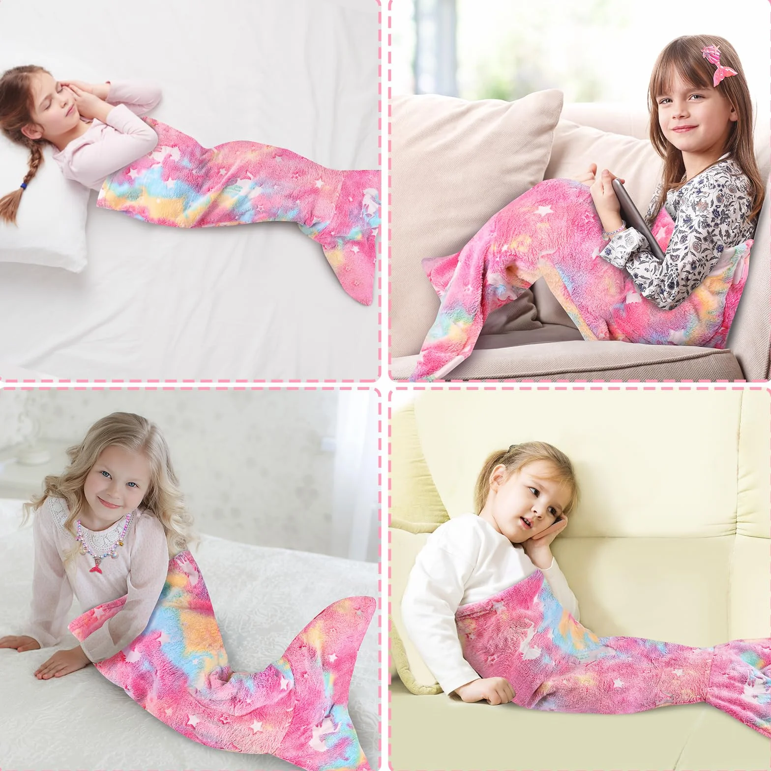 Cyiecw Saco Dormir Niña Manta Infantil Sirena 100x50CM, Aleta de Sirena Niños Manta Resplandor en la Oscuridad, Manta de Franela Sirena con Bolso de Lentejuelas y Accesorios de Joyería de Sirena