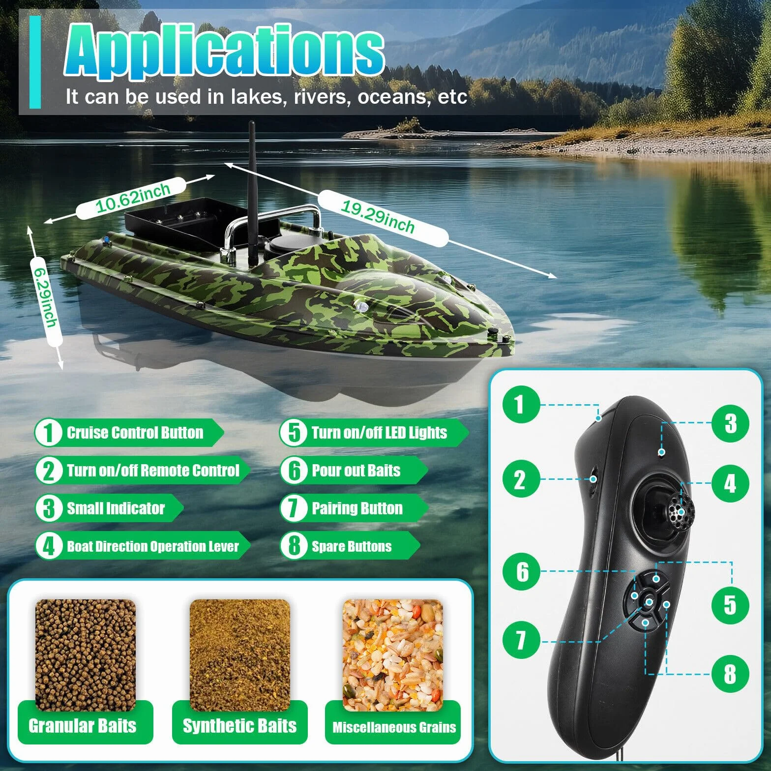 Barco teledirigido para cebos de pesca y carpa de cebo inalámbrico pesca barco de morce 500 m doble motor crucero automático doble motor, gran capacidad 1.5 KG, camuflaje