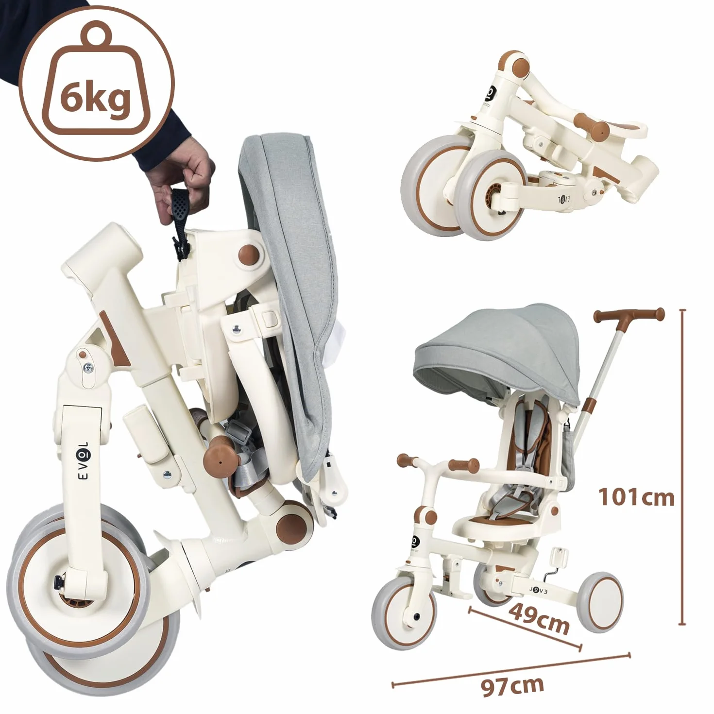 Olmitos - Triciclo Evolutivo de Bebé 5 en 1 - Bicicleta Niños Desde 1 Año hasta 25 Kg - De Triciclo a Bicicleta con o sin Pedales – Adaptable y transformable (Evol, Gris)