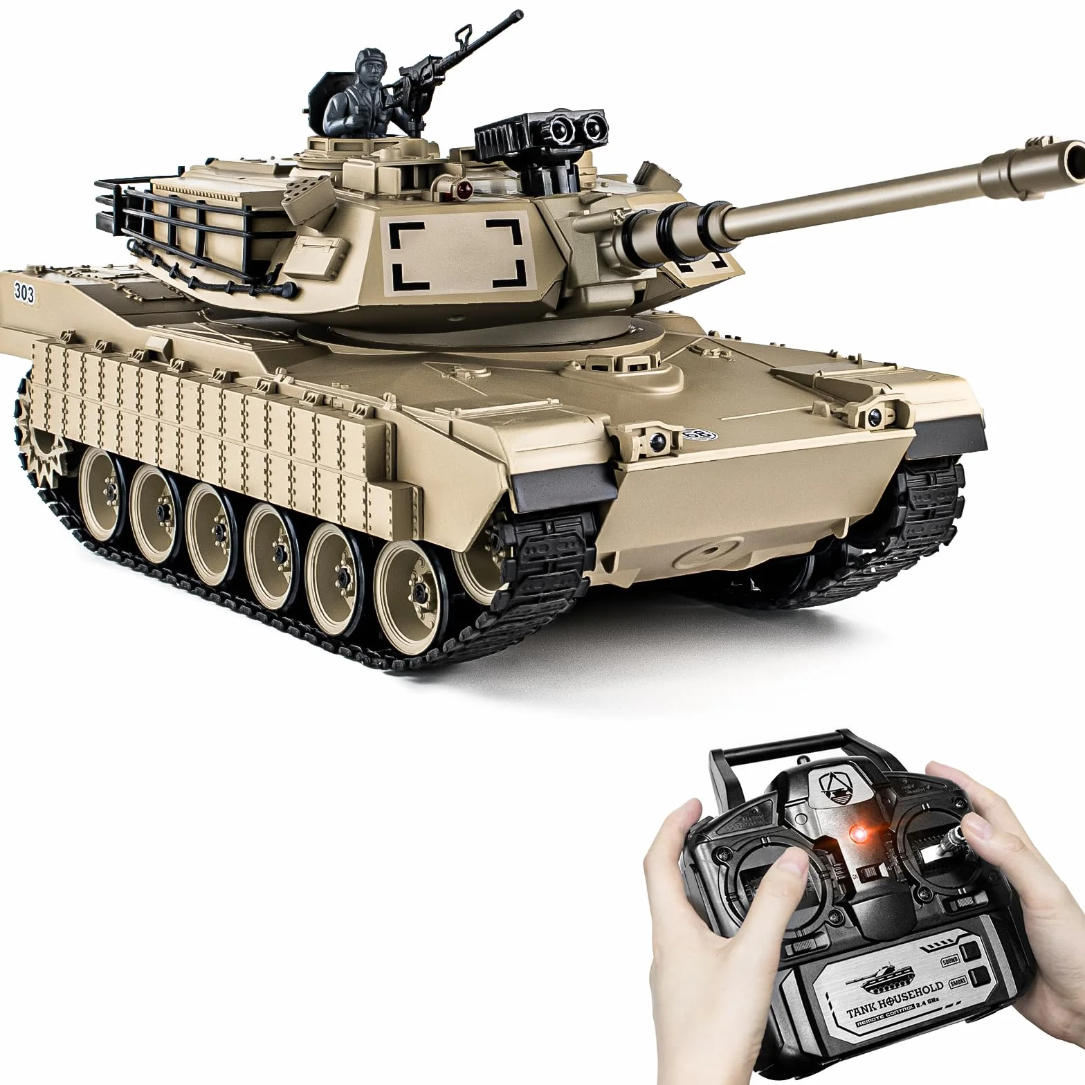 Supdex Tanque teledirigido 1:18, 2.4 GHz M1A2 Abrams, Modelo de Tanque telecontrolado, 15 Canales con Humo, luz y Sonido, vehculo Militar RC para Adultos y Nios