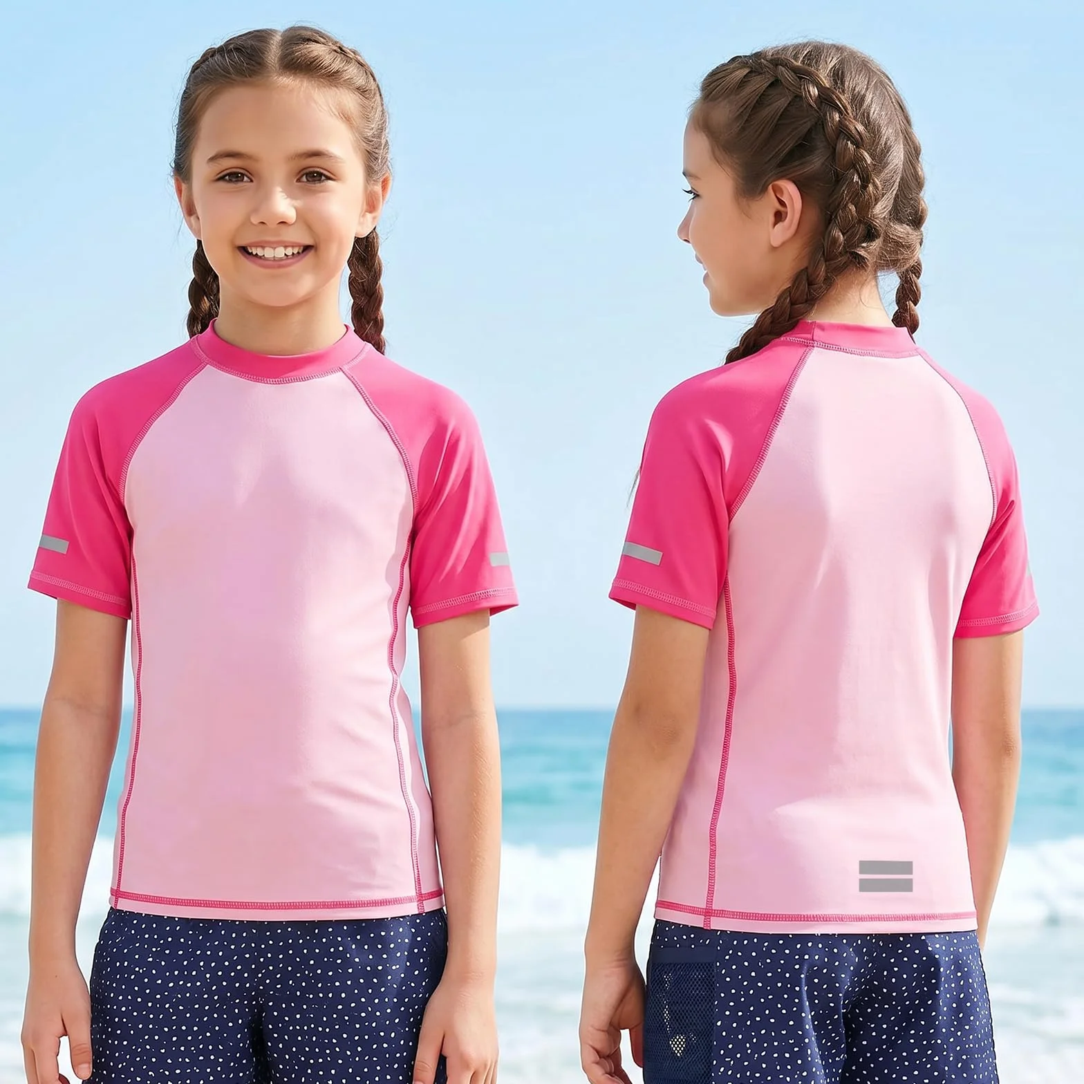 Camiseta de Baño Niños Niñas Protección Solar Manga Corta Rash Guard Rayas Reflectantes Secado Rápido 7-15 Años