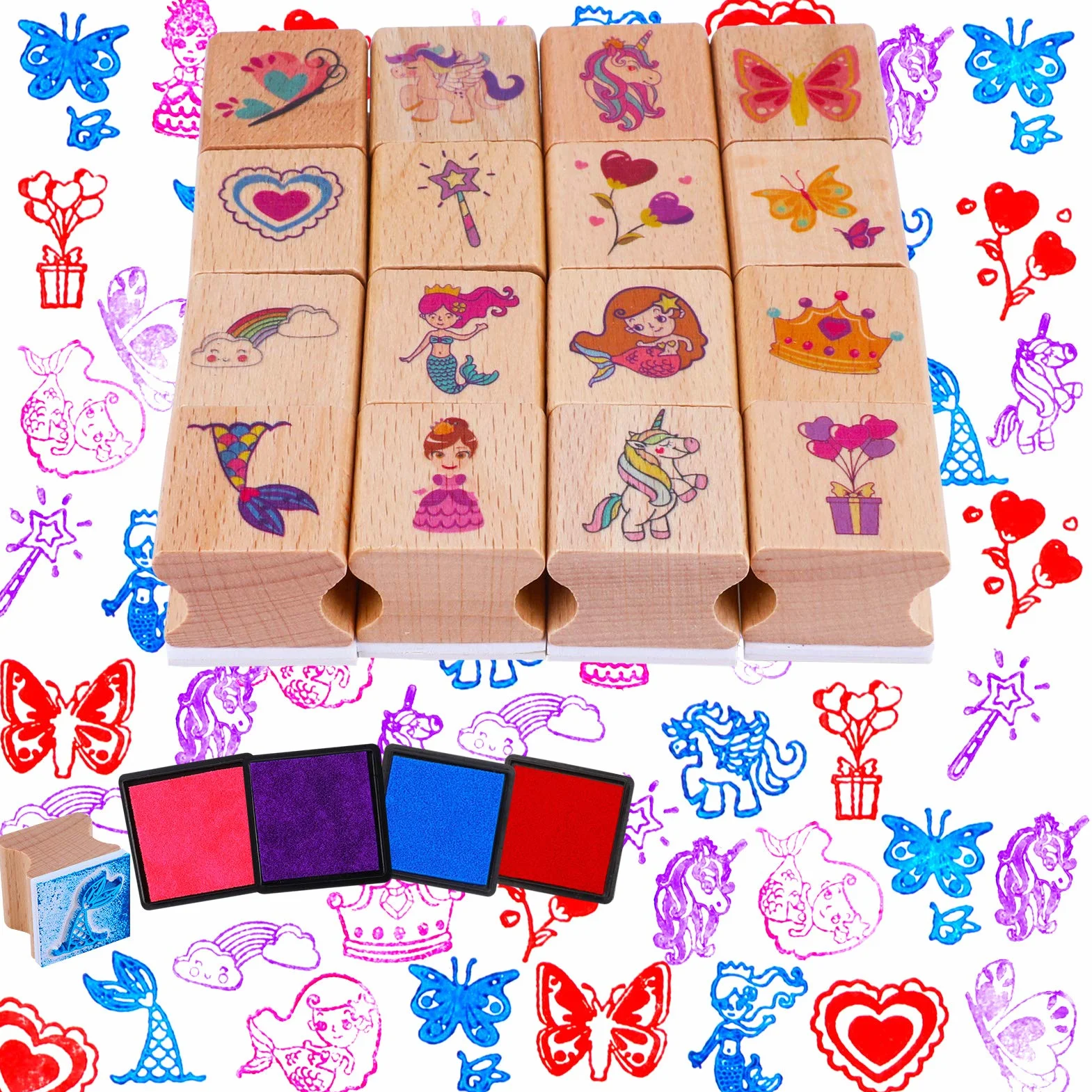 HOWAF 16 Madera Sellos para Niñas Niños Manualidades con Almohadilla de Tinta 4, Unicornio Sirena Princesa Corazón Arcoíris Mariposa Sellos para Niña Bricolaje Scrapbooking Tarjeta Impermeables Regalo