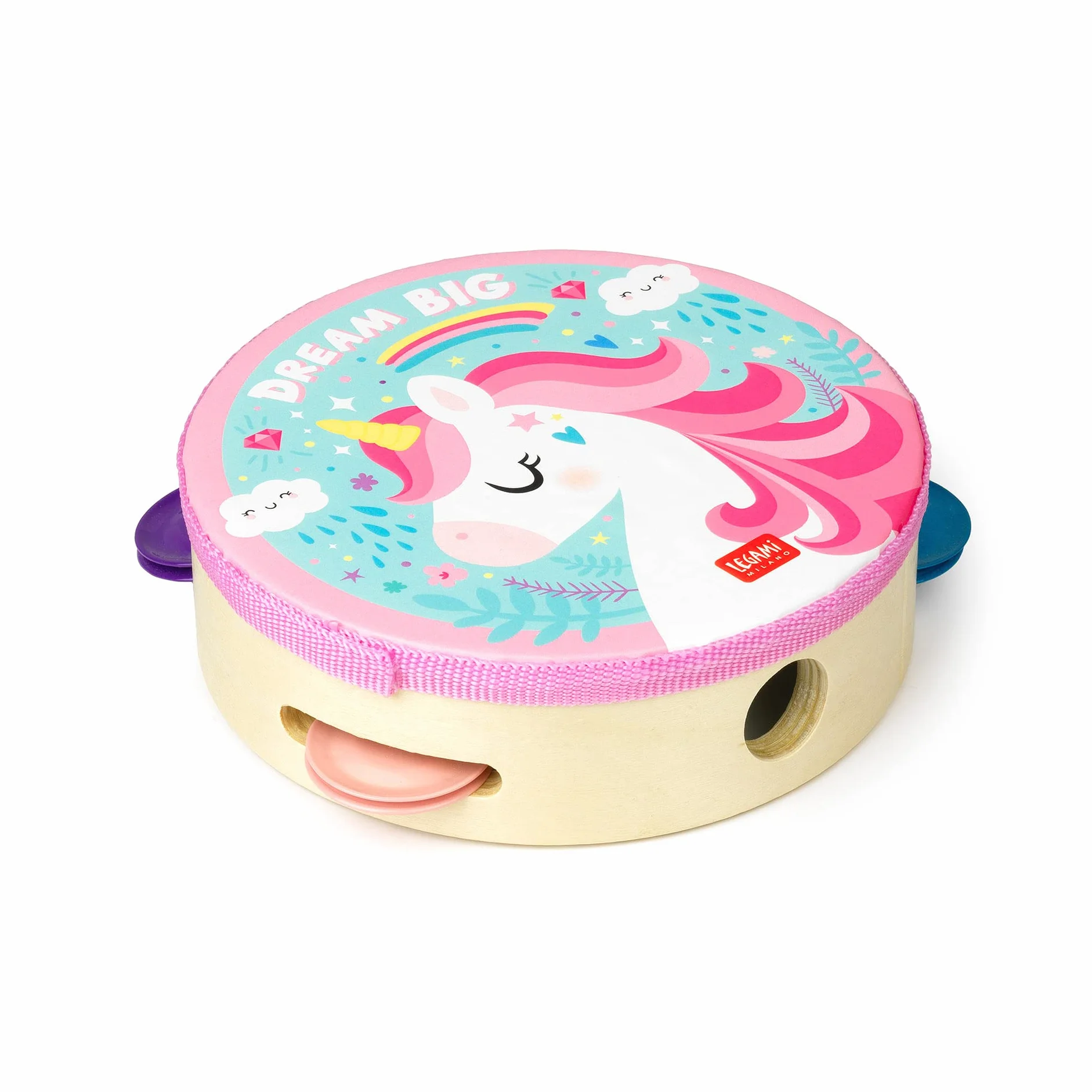 Legami - Pandereta Infantil 4 Sonajeros Mejora la Coordinación, Capacidad Motora, Sentido del Ritmo, Ø 14,5 cm, Tema Unicorn