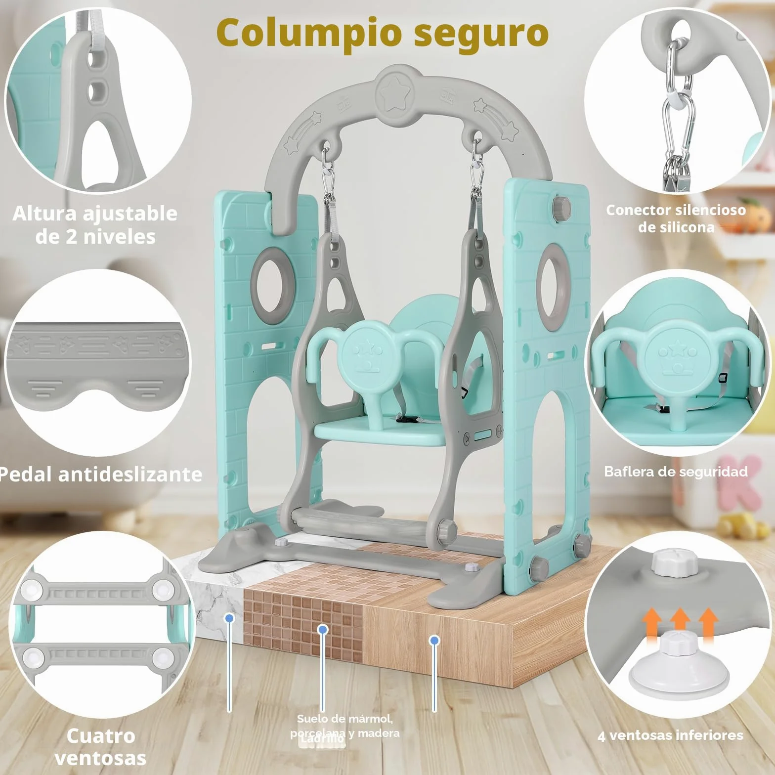Tobogán y Columpio, Parque Infantil 5 en 1, con Tobogán Largo, Columpio, Escalada, Telescopio de Juego, Almacenamiento, Tobogán para Interior y Exterior, Juego de Tobogán para Bebé, Verde Gris