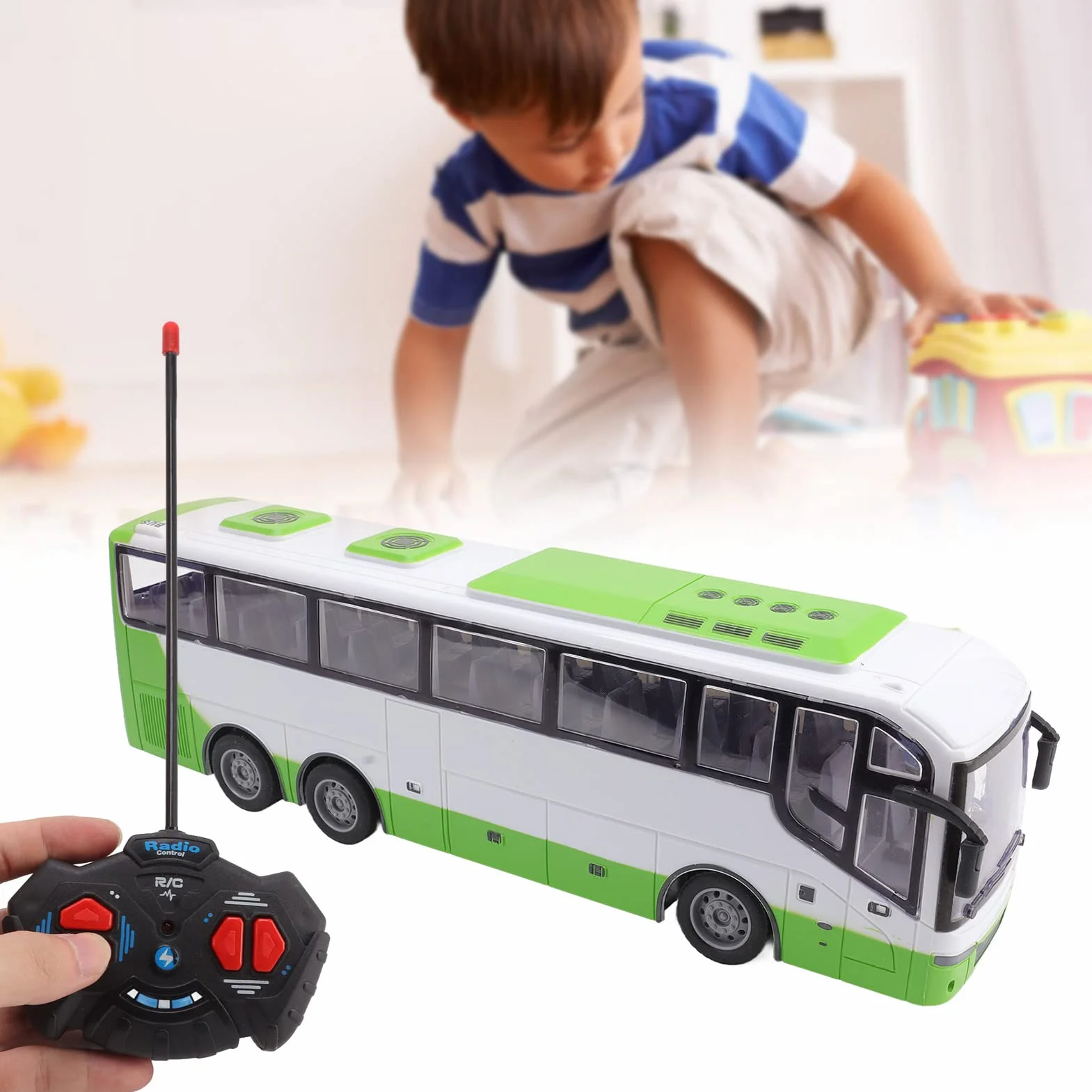 TOPINCN Grande 1/30 Juguetes de Autobús de Control Remoto Modelo de Autobús RC Simulación Educativa Eléctrica Vívida con Control Remoto para Niños Juguetes (Blanco Verde)