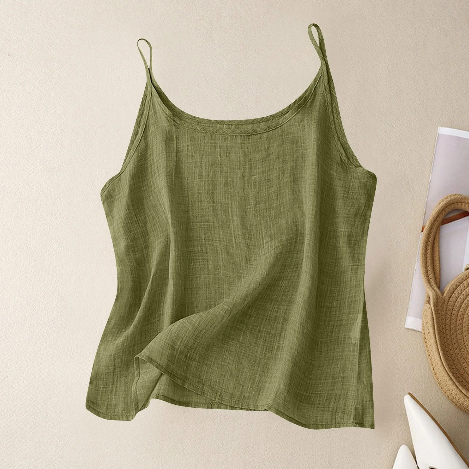 Camisetas sin Manga Mujer Lino Algodón Verano Casual Color Sólido Tank Tops Cuello Redondo Talla Grande