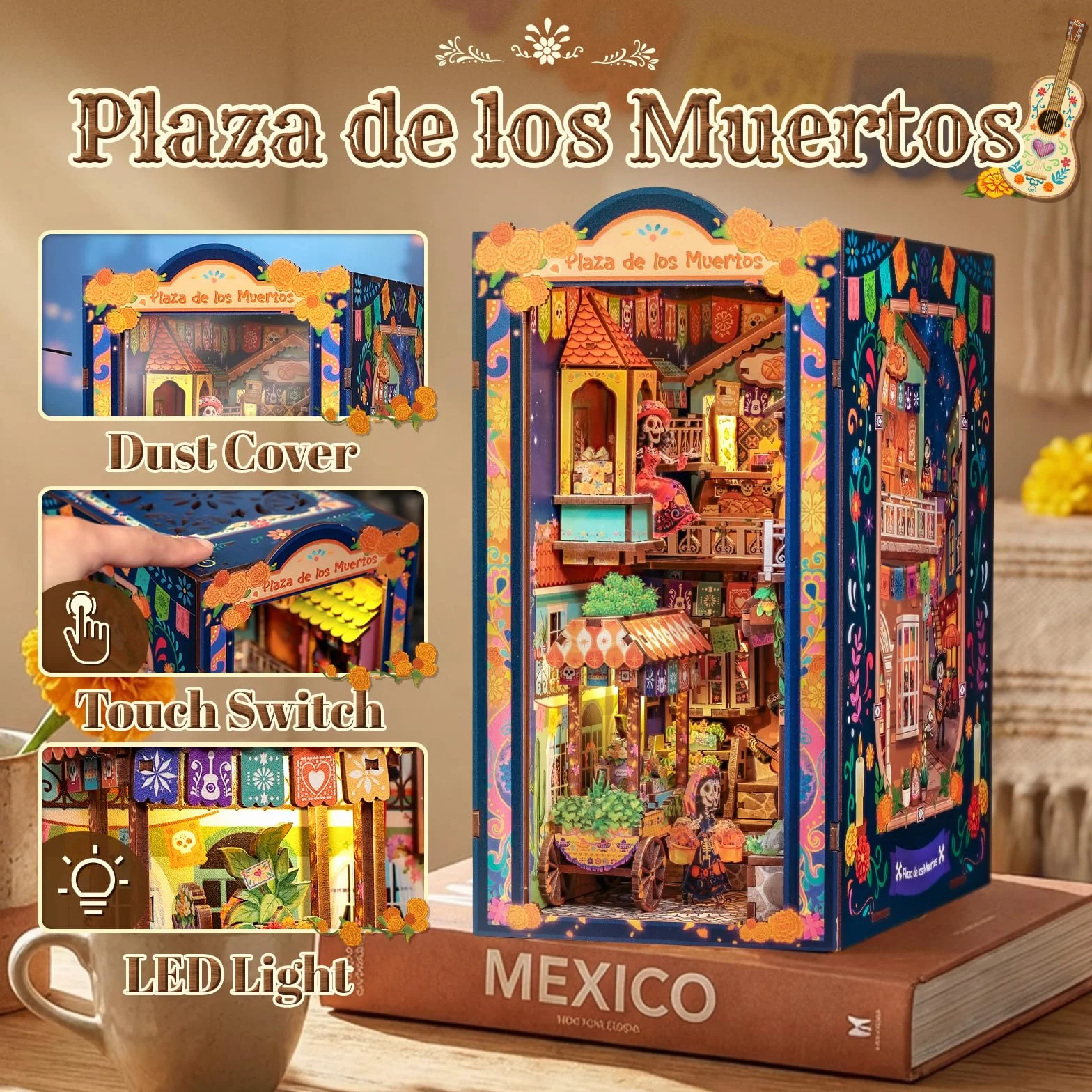CUTEBEE Book Nook Kit - Casa de Muñecas DIY para Adultos, Maqueta en Miniatura para Montar, Rompecabezas 3D de Madera del Día de Muertos, Decoración para Estantería (Plaza de los Muertos)