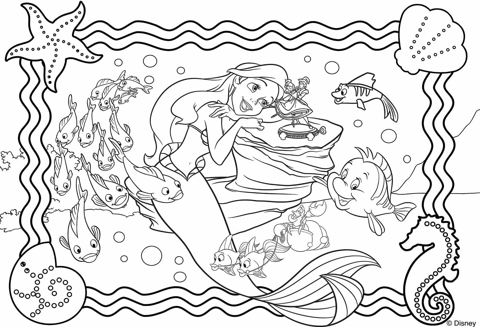 Lisciani - DISNEY La Sirenita - Ariel - Puzzle para niños a partir de 7 años, 250 piezas, 2 en 1 Doble Cara Anverso / Reverso con reverso para colorear - Desarrollo de la creatividad y la imaginación
