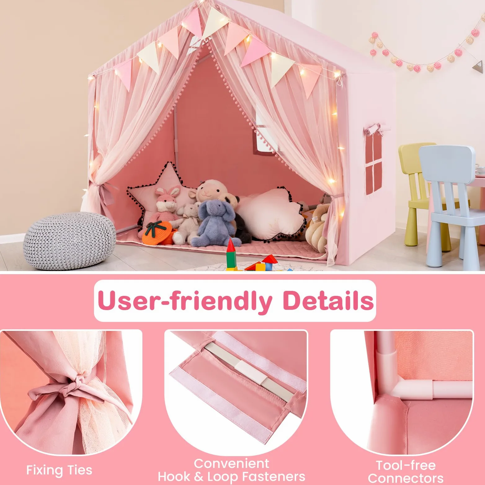 HOMASIS Tienda de Campaña Infantil con Colchoneta de Algodón, Casitas Infantil Tela de Interior con Luces, Cortina y Banderas, Cabañas para Niños a Partir de 3 Años, 146x96x133cm (Rosa)