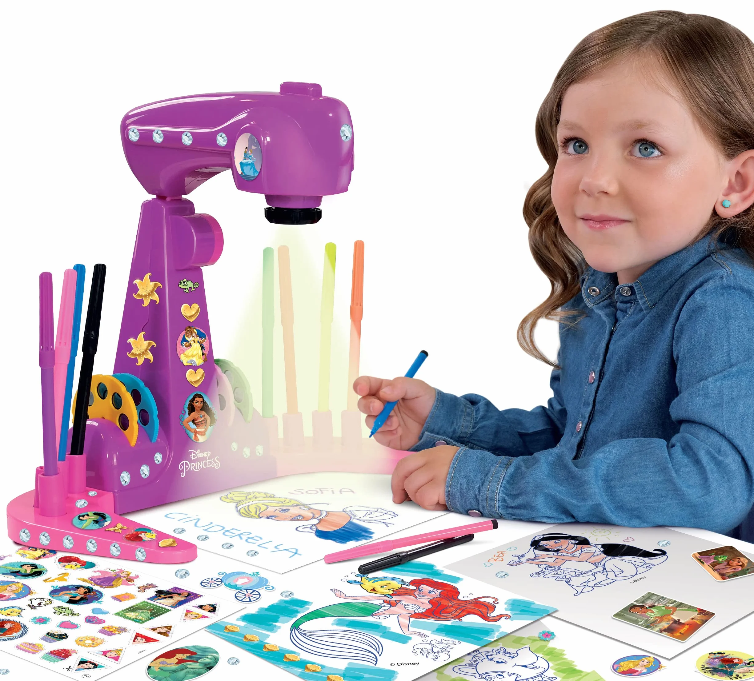 Lisciani Giochi - Escuela de dibujo con proyector de PRINCESAS DISNEY - Para niños a partir de 3 años - Aprende a dibujar con modelos proyectados - Incluye modelos, papel y lápices - Juego creativo