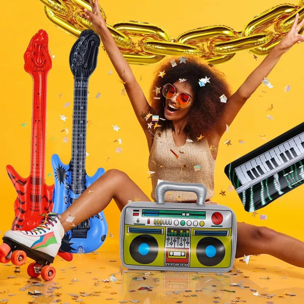 16 Piezas Instrumentos Inflables Rock Colorido Inflable Guitarra Micrófonos Saxofón Inflable Piano Inflable Bajo Inflable Gafas de Radio + Bomba de Aire para Celebraciones Carnaval