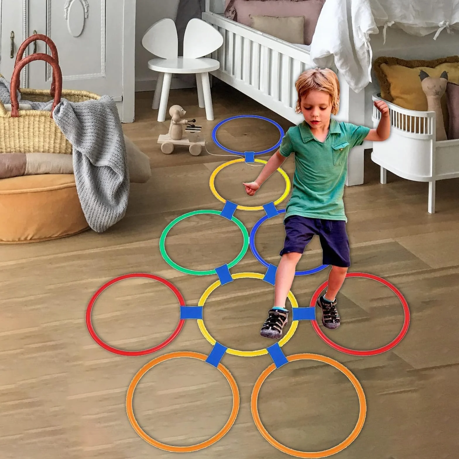 Anillos de Rayuela para Niños, Juego de Agilidad con Puf, Cuadrados de 15 Pulgadas con Conectores