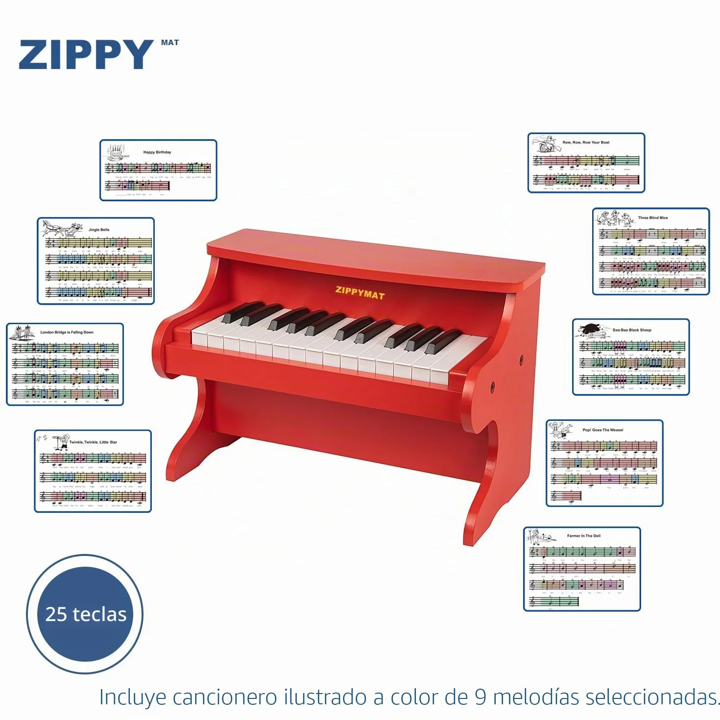 Teclado Digital para Niños - 25 Teclas, Mini Instrumento Musical Educativo, Piano de Madera para Pequeños y Niñas (Rojo)