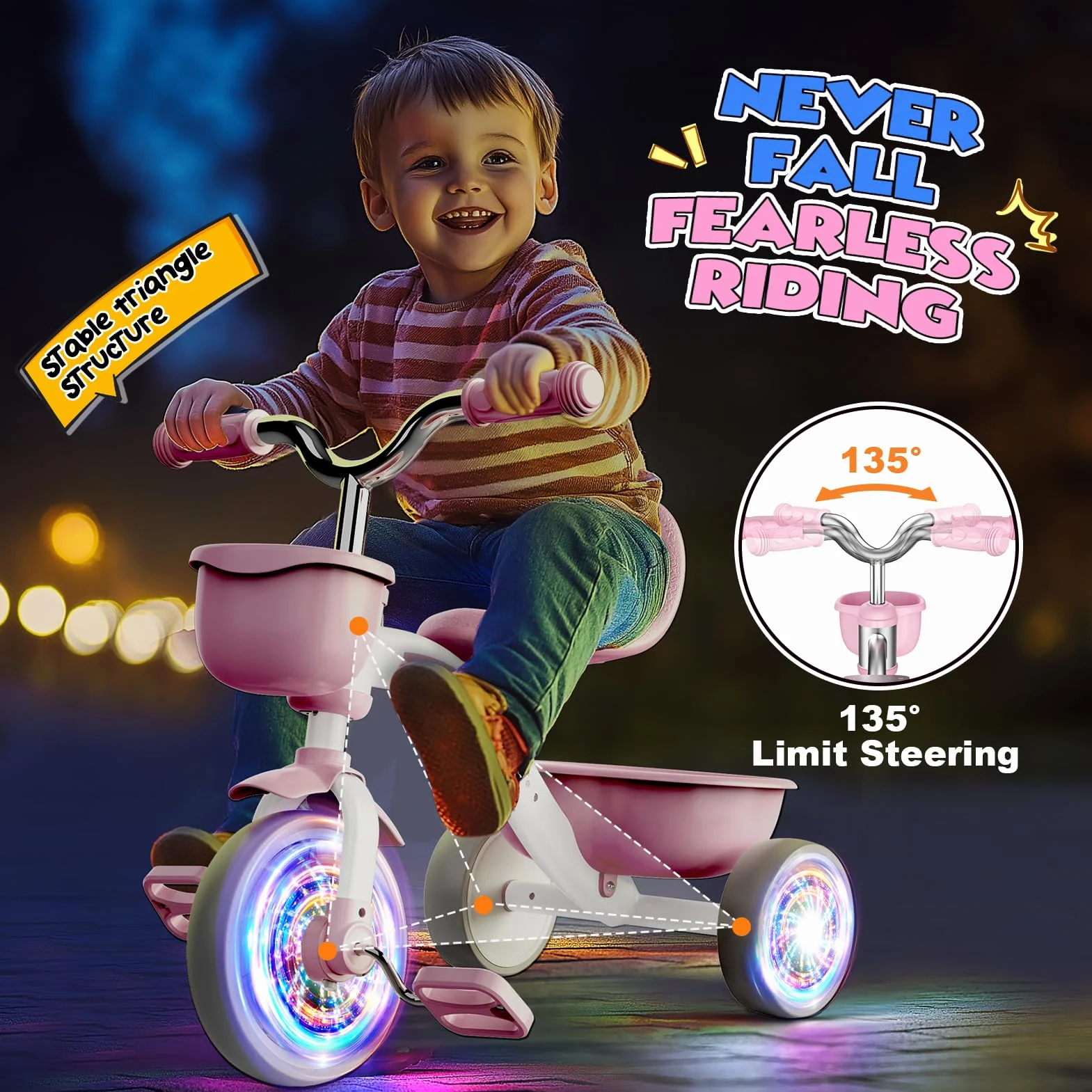 Braxel Triciclo para Niños de 2 a 5 Años, Triciclo Evolutivo con Asiento Ajustable Luces Geniales para Niño y Niña de 1 a 4 Años Carga 35 kg, Rosa