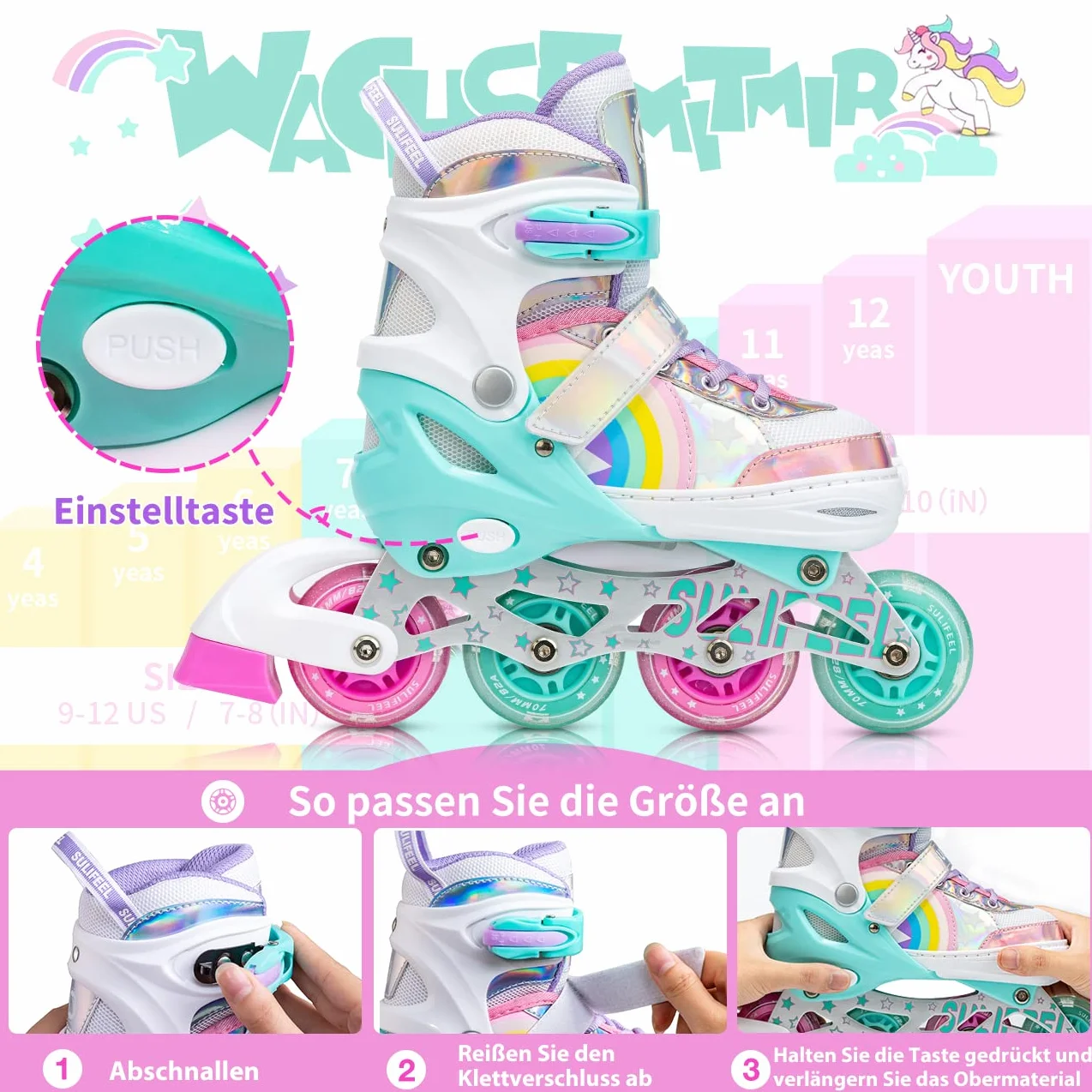 SULIFEEL Rainbow Unicorn Patines en línea para niñas Niños Tamaño Ajustable Ruedas iluminadas Principiantes