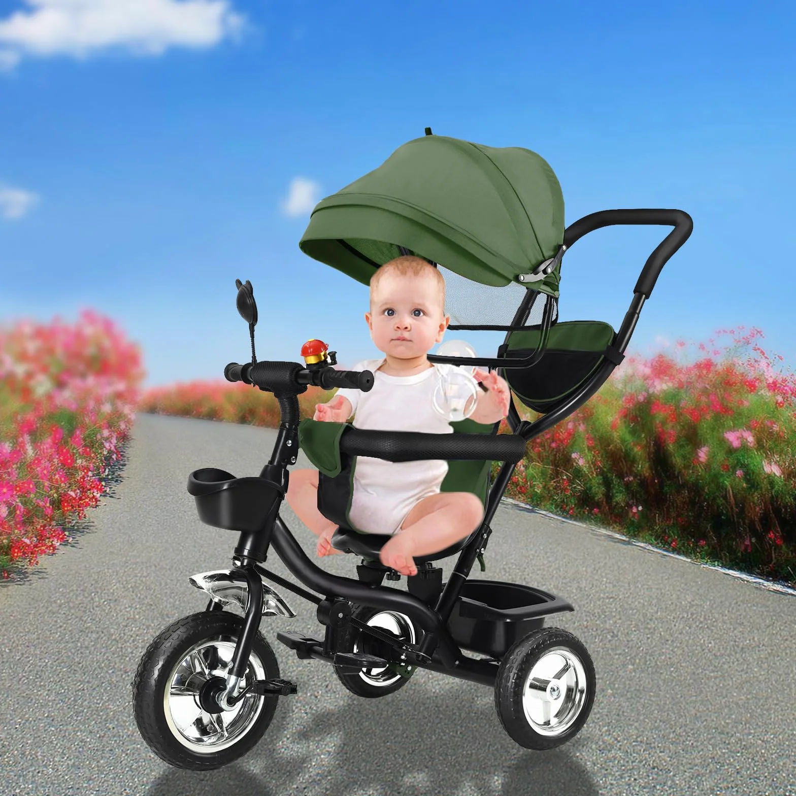 OHMG Triciclo bebé evolutivo 5 en 1 bicicleta. Silla de paseo con mango de empuje, toldo desmontable, cinturón de seguridad de 5 puntos, almacenamiento, reposapiés, freno, para niños de 1 a 5 años
