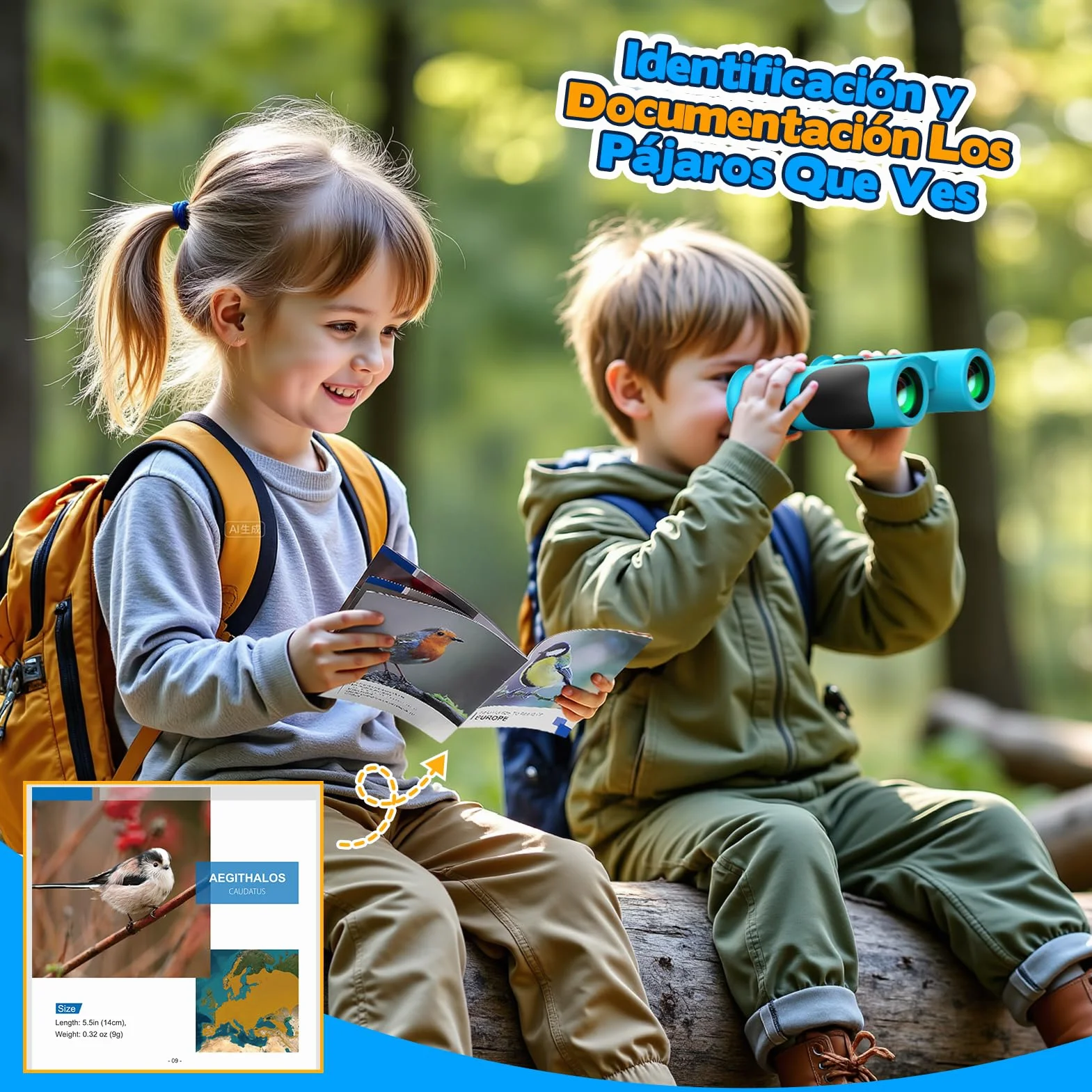 Prismaticos Niños 8x21 con Guía de Aves, Binoculares Juguetes Juego Niños Regalos de Cumpleaños - Ideal para Birdwatching, Regalo Familiar y Educativo