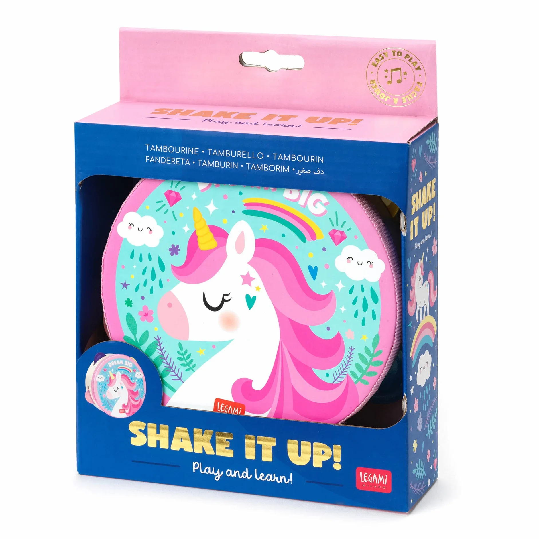 Legami - Pandereta Infantil 4 Sonajeros Mejora la Coordinación, Capacidad Motora, Sentido del Ritmo, Ø 14,5 cm, Tema Unicorn