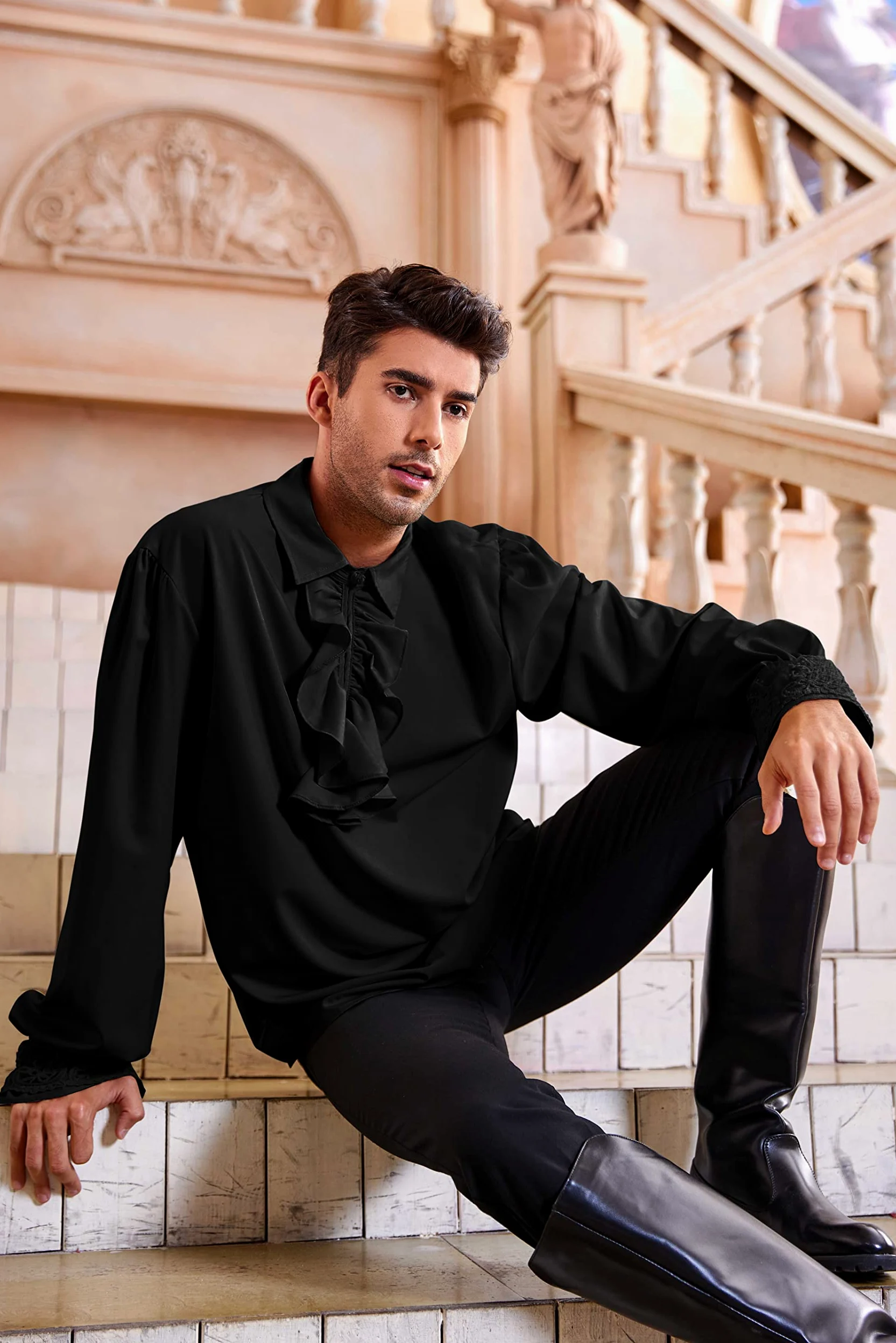 Runcati Camisa pirata para hombre, con volantes, victoriana, renacentista, steampunk, vampiro, poeta, disfraz medieval de Halloween, 01 Negro, Small