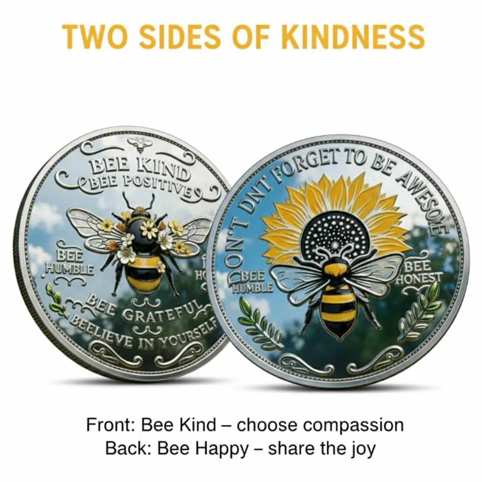 Moneda de positividad tipo abeja, ficha de abeja inspiradora de doble cara con diseño de girasol y laurel, moneda de desafío motivacional para la afirmación diaria (3pcs)