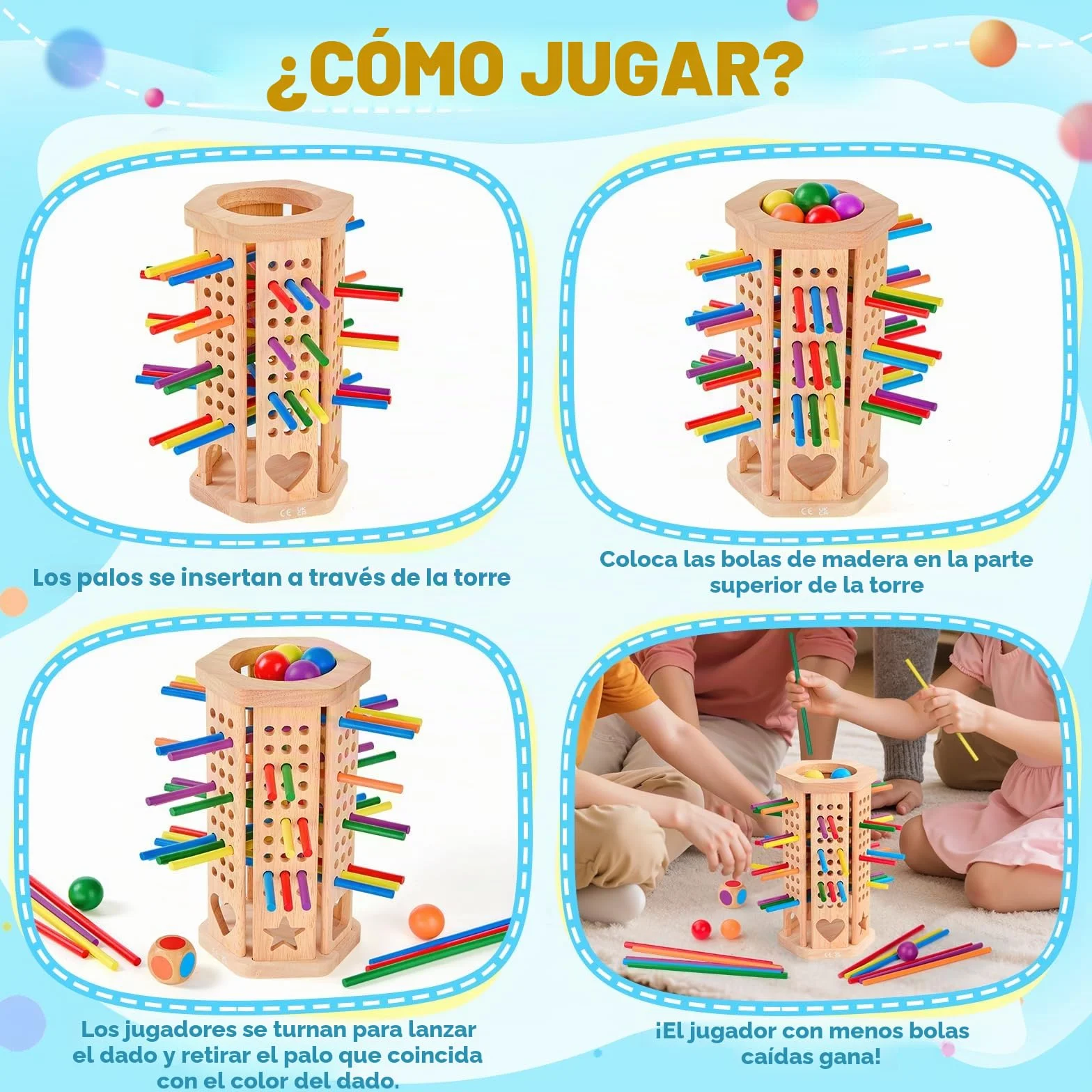 Juego Montessori, Juegos de Mesa 3, 4, 5, 6 años, Juegos Educativos Matematicas con 42 Palitos de Colores y un Dado, Juguete Familiar para Viajar al Aire Libre con Niños