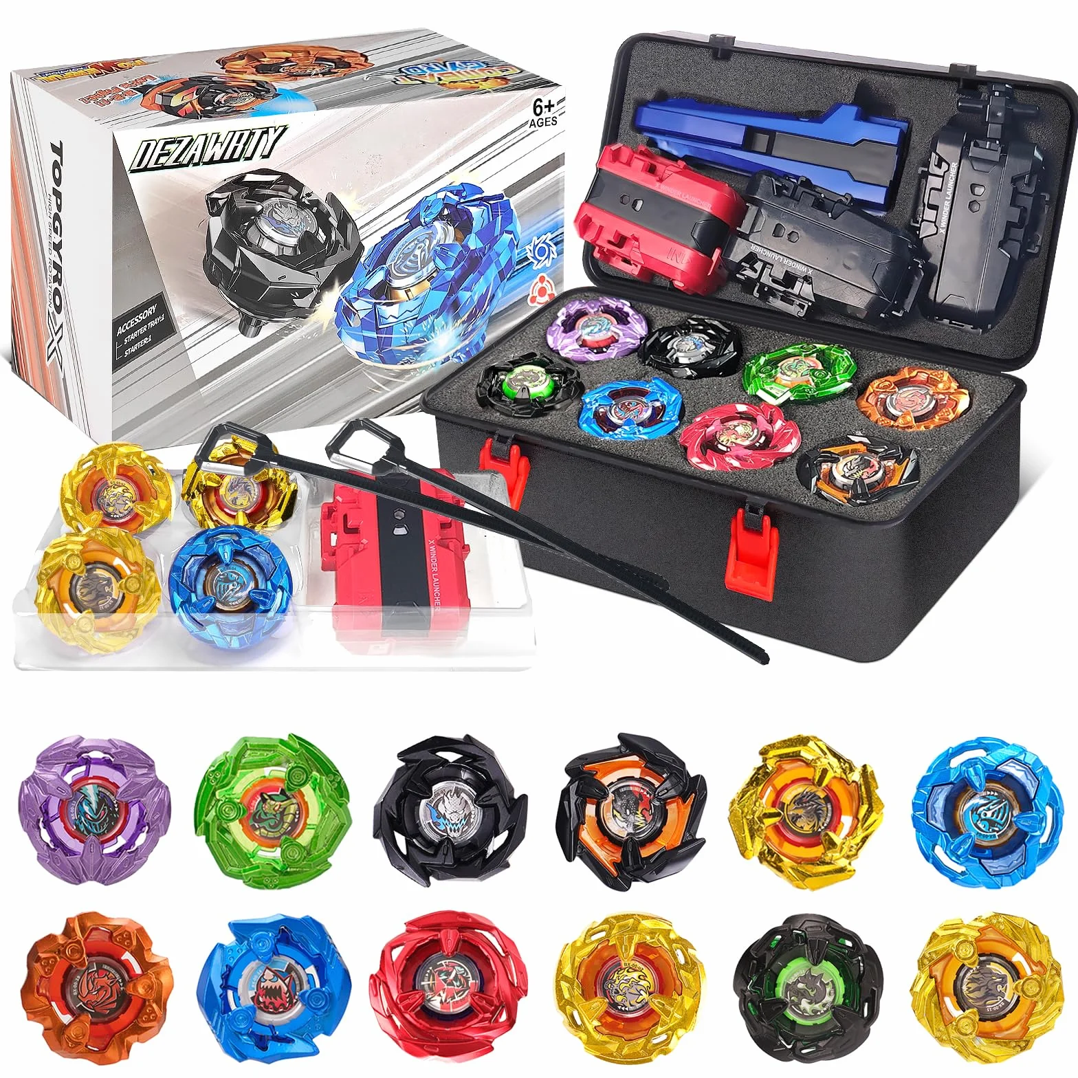 DEZAWRTY Set de Batalla X – 12 Peonzas Giratorias, 3 Lanzadores y 1 Empuñadura con Caja de Almacenaje, Juguete Cumpleaños para Niños 6+ Años (X1)