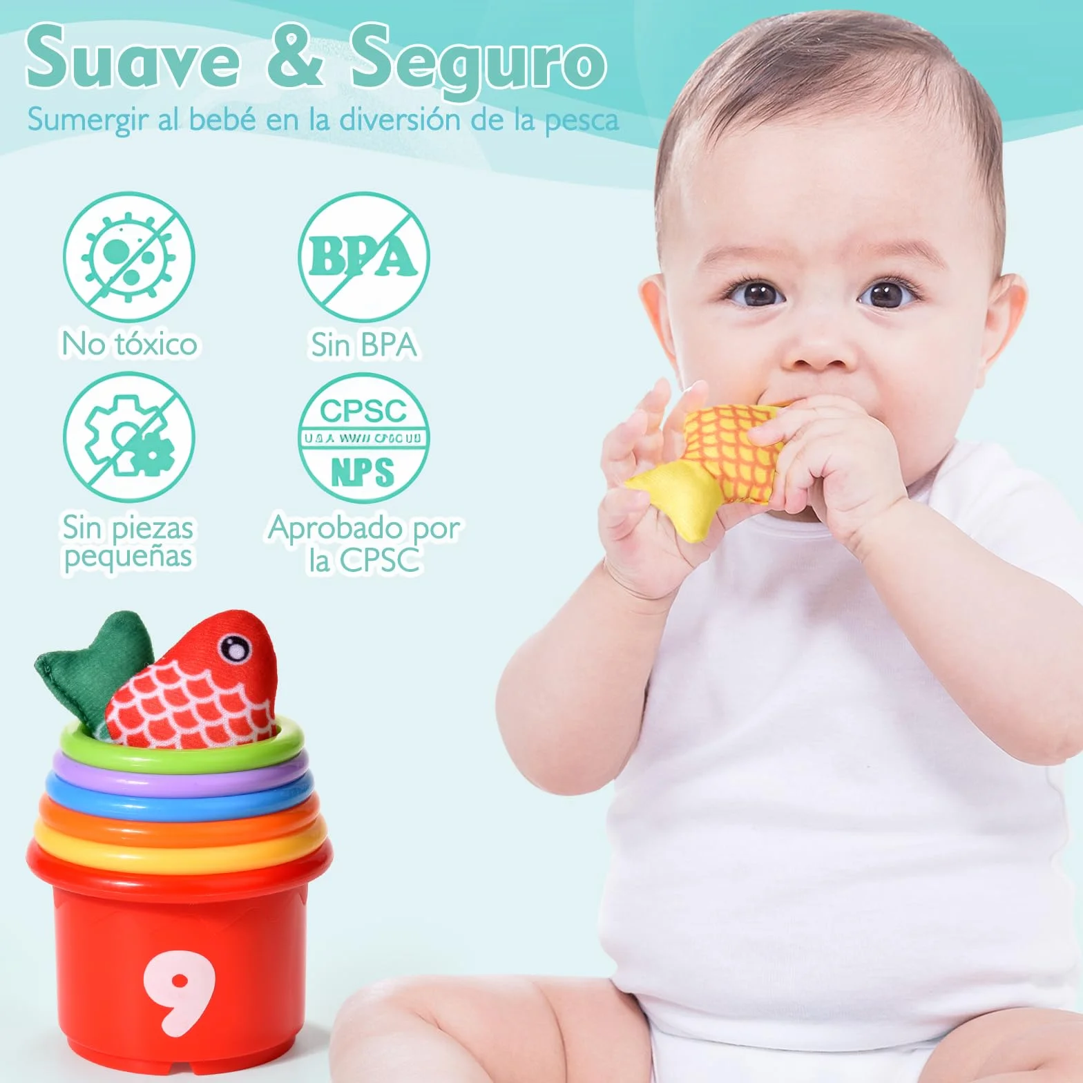 Juguetes Niños 1 Año Montessori, 20 Piezas Juego Pesca de Tela con Taza Apilables, Almacén Bolsa, Educativos Juguetes Bebes 6-12 Meses, Regalo Bebe 1 2 Año