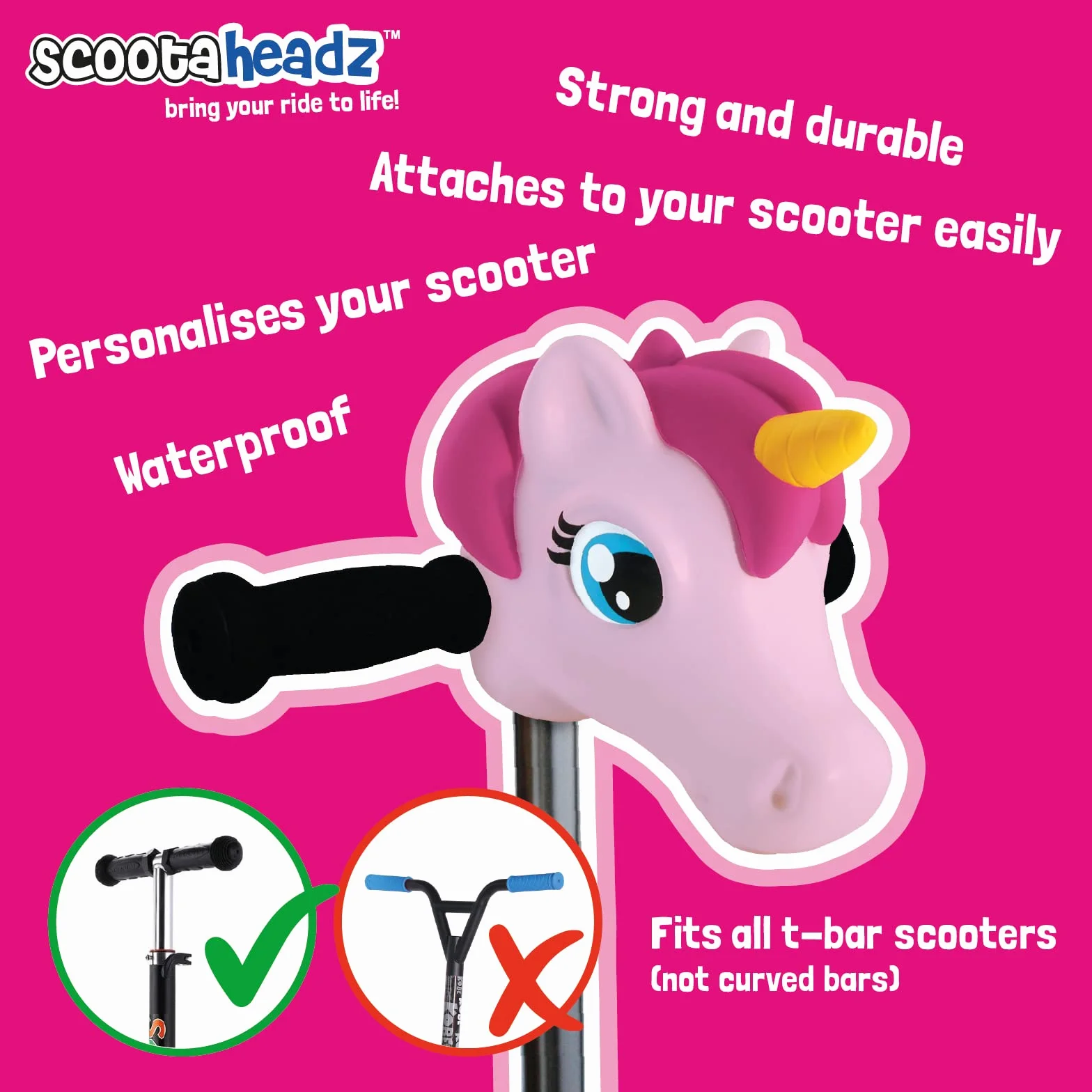 Scootaheadz - Cabeza de Unicornio para Patinete - Accesorios para Patinete Infantil - Regalo para Niñas - Se Adapta a la mayoría de los patinetes de 2 y 3 Ruedas para niños -Rosa Claro