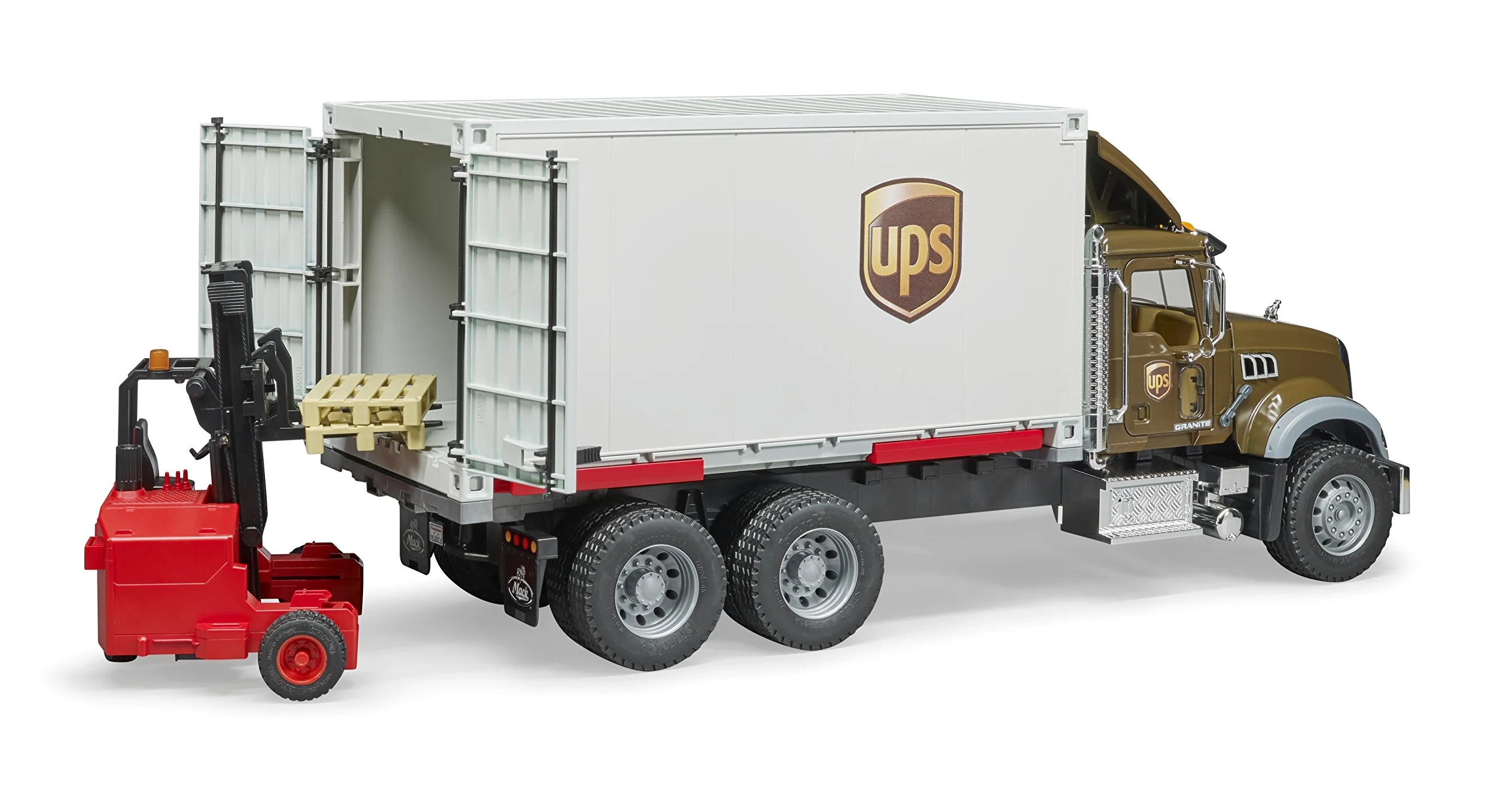 bruder 02828 - Mack Granito UPS Logística Camión Incluido Carretilla Elevadora | Vehículo de logística con carretilla elevadora, servicio de paquetería, envíos, juguete a partir de 4 años, 1:16