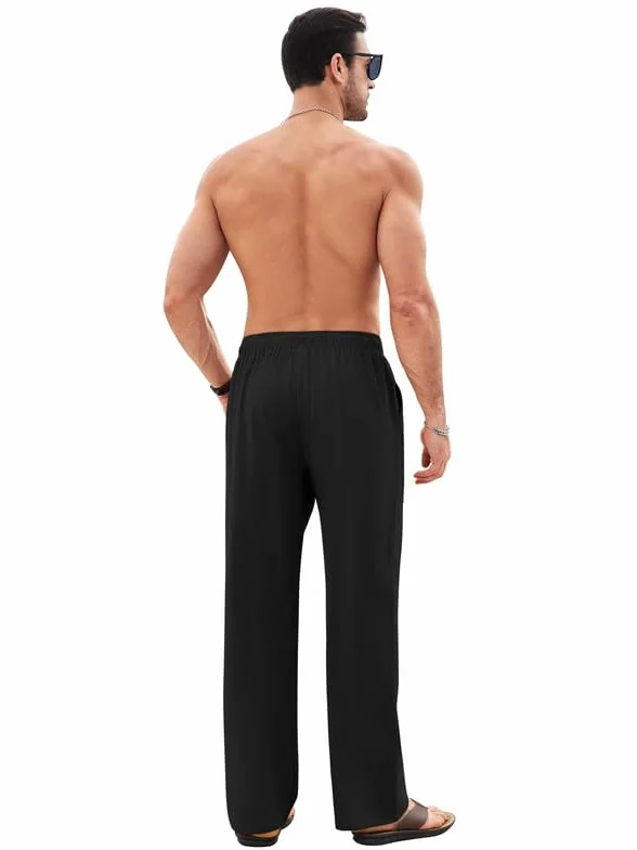 Pantalones de Lino para Hombre Casuales de Verano con Bolsillos Color Sólido Holgados con Cordón