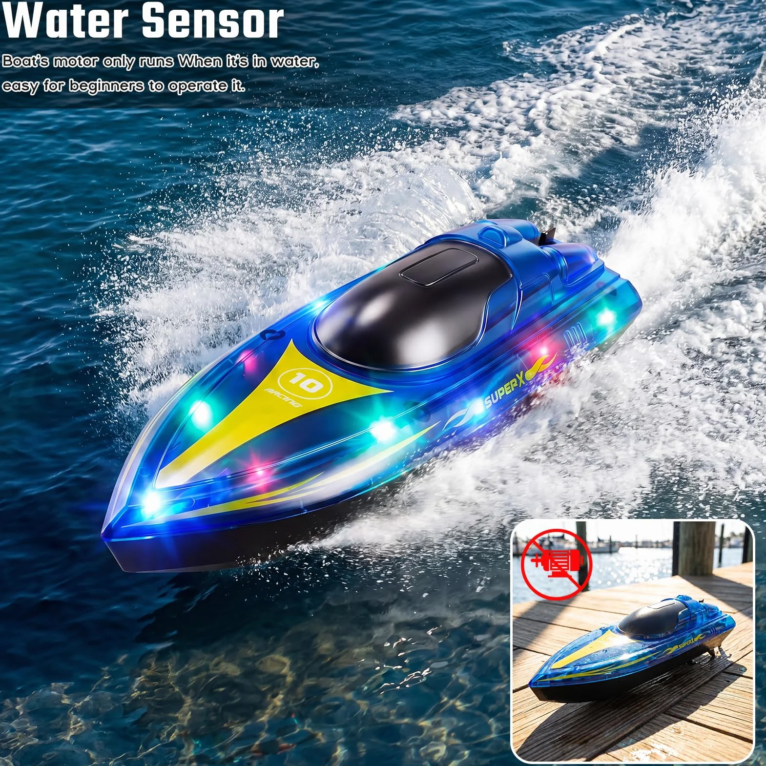 Barco Teledirigido, 2.4GHz Lancha Teledirigida con Luces LED, 2 Baterías, 90+ Mins, Alerta de batería baja, 15KM/H Barco RC para Piscinas Lagos, Juguete acuático para Adultos, niños de 14 años arriba