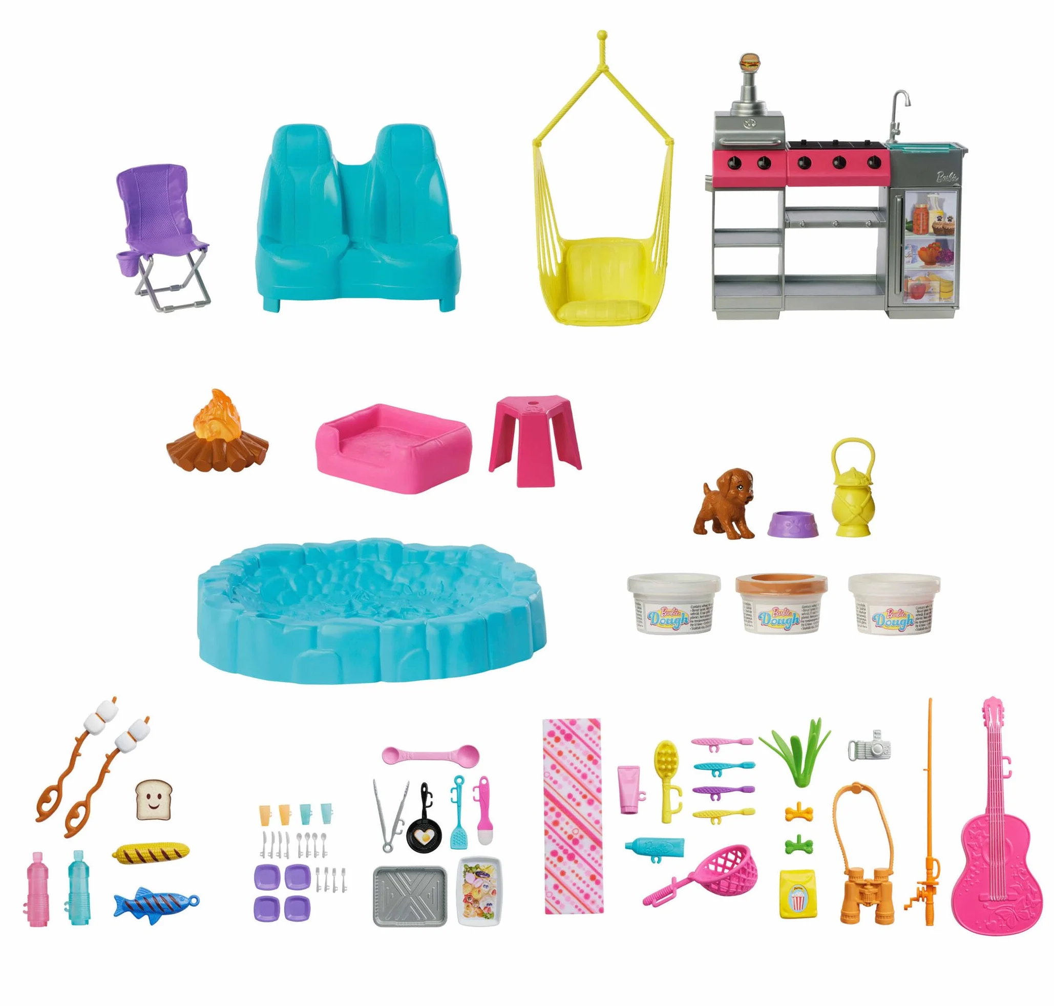 Barbie Súper Caravana DreamCamper Conjunto de juego con tienda de campaña en el techo, columpio, estanque de pesca, barbacoa con función de cambio de color y más de 60 accesorios, incluida masa, HRJ78