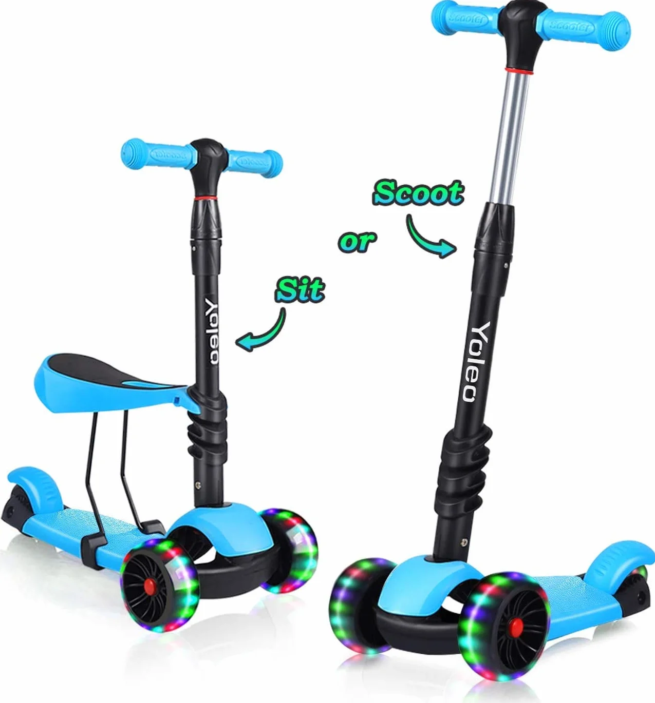 YOLEO Patinete para Niños 3-en-1, Scooter 3 Ruedas LED Parpadeantes, Scooter para Niños con Manillar Ajustable Asiento Extraíble de 2 a 8 años, Carga Máxima de 50 kg (Azul)