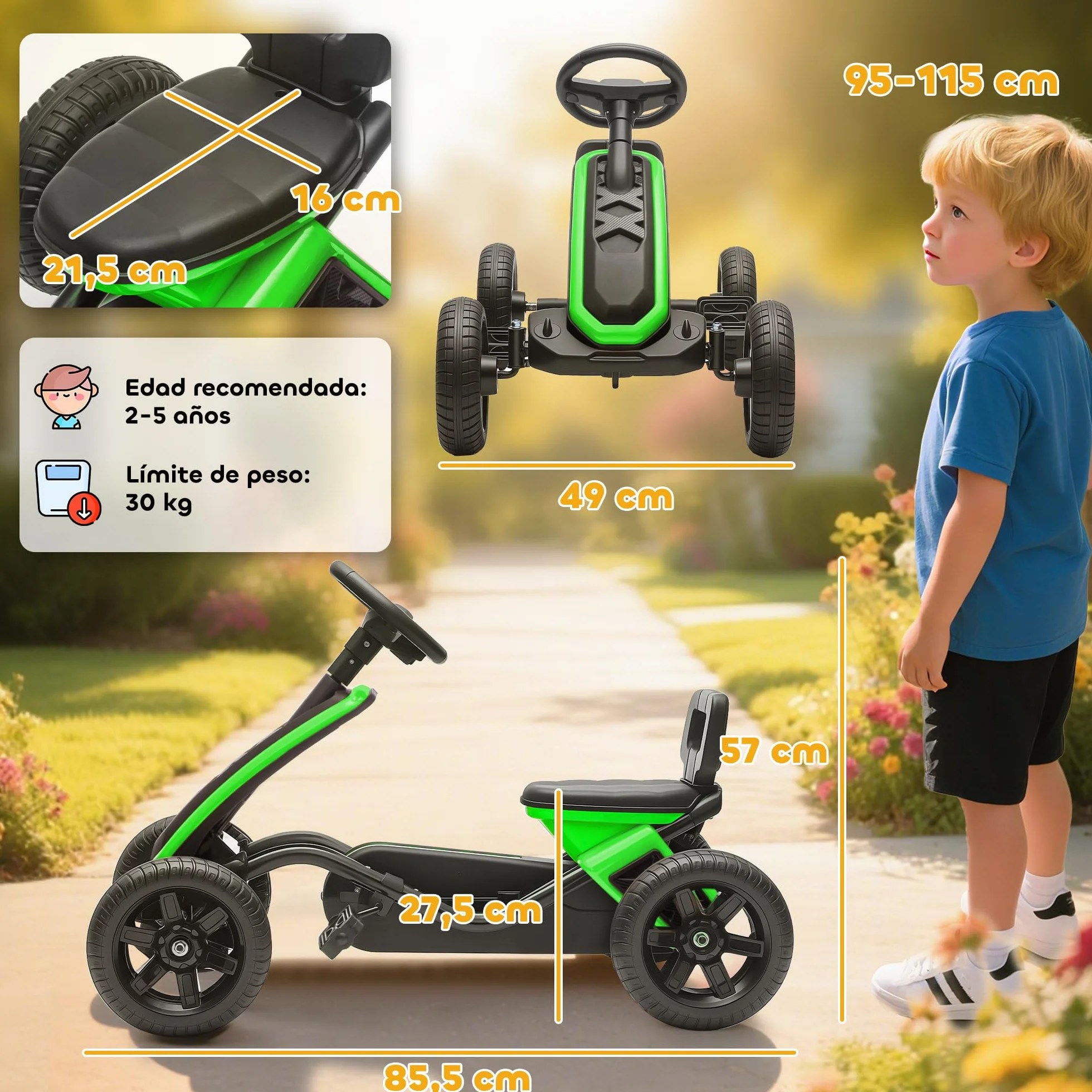 AIYAPLAY Kart Pedales, Go Kart con Ruedas Antideslizantes de EVA, Marco Metálico, Carga 30 kg, para Niños y Niñas de 2-5 Años, Verde
