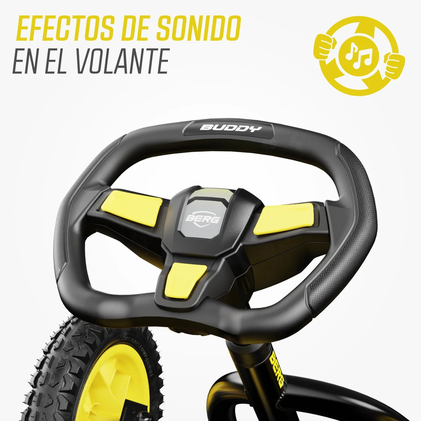 BERG Kart a Pedales Buddy Cross | Amarillo, 3-8 años, cuadro resistente, asiento regulable, volante regulable