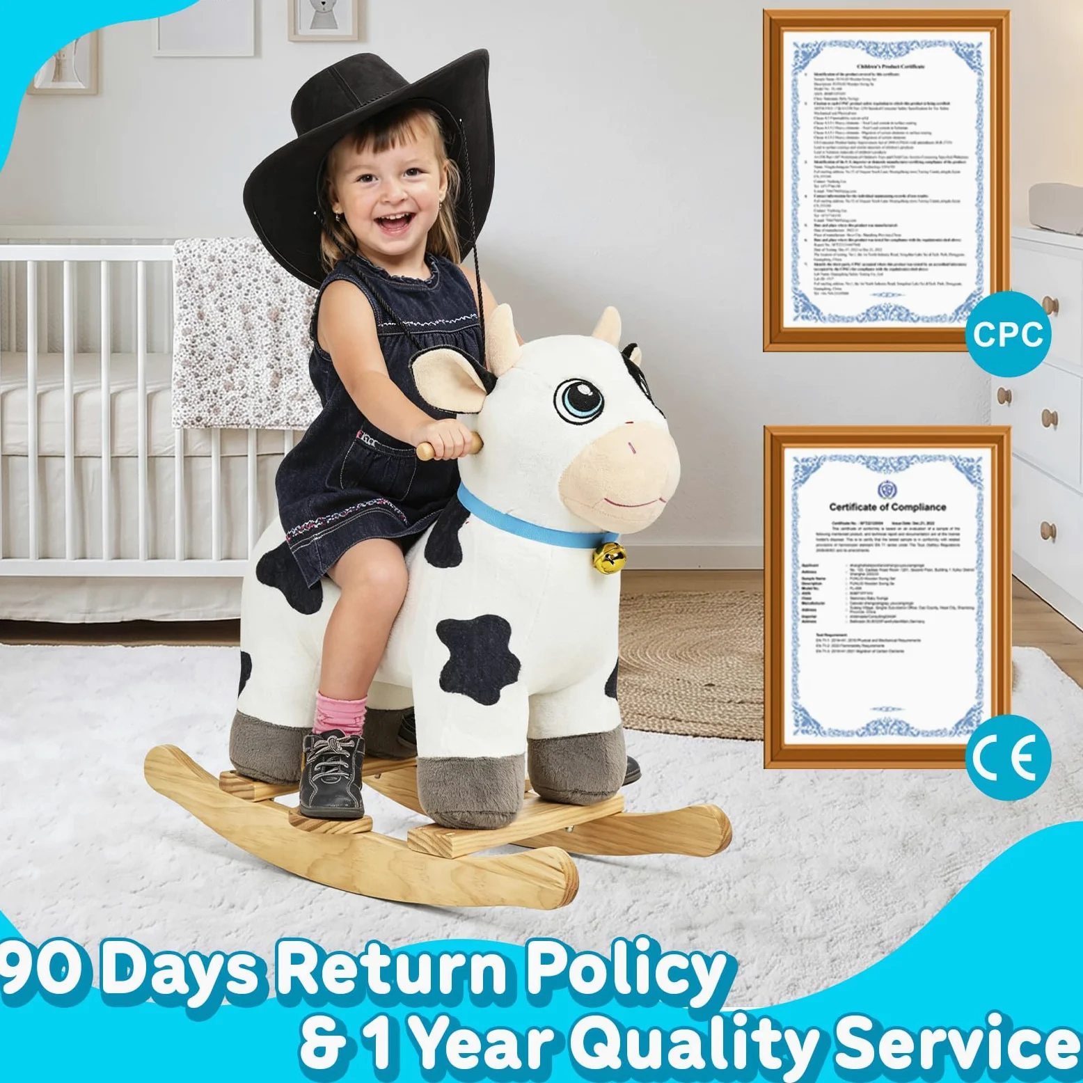 FUNLIO Caballo balancín Vaca para 1-3 años, Adorable para bebé con Cabeza Suave, Ojos Brillantes y Campana Sonora, Modelo de Peluche fácil de Montar, Certificado CPC