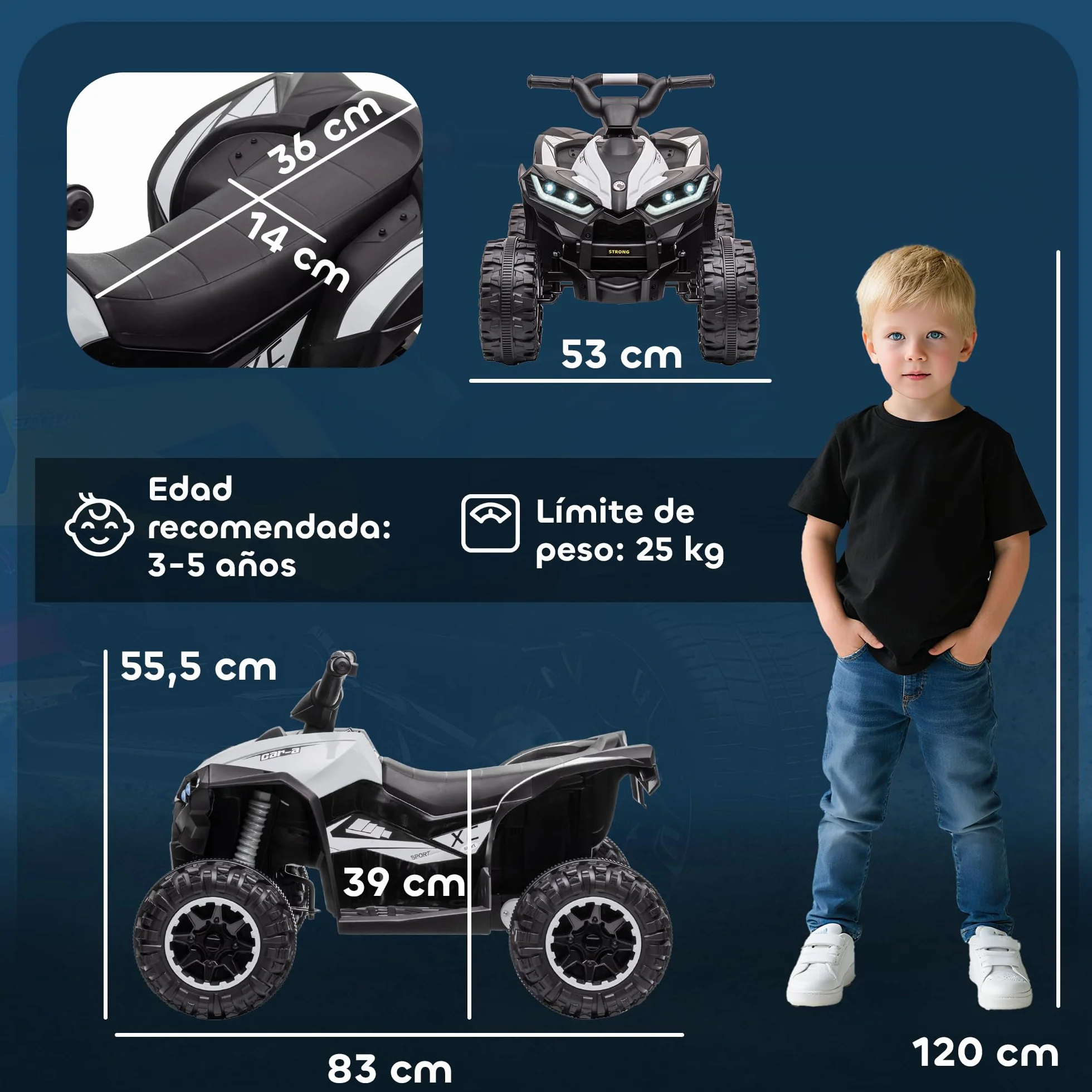 HOMCOM Quad Eléctrico para Niños 12V, Quad para Niños de 3-5 Años, con 2 Motores, Velocidad Ajustable 3-6km/h, Faros, Bocina, Música, USB, Avance y Retroceso, Blanco