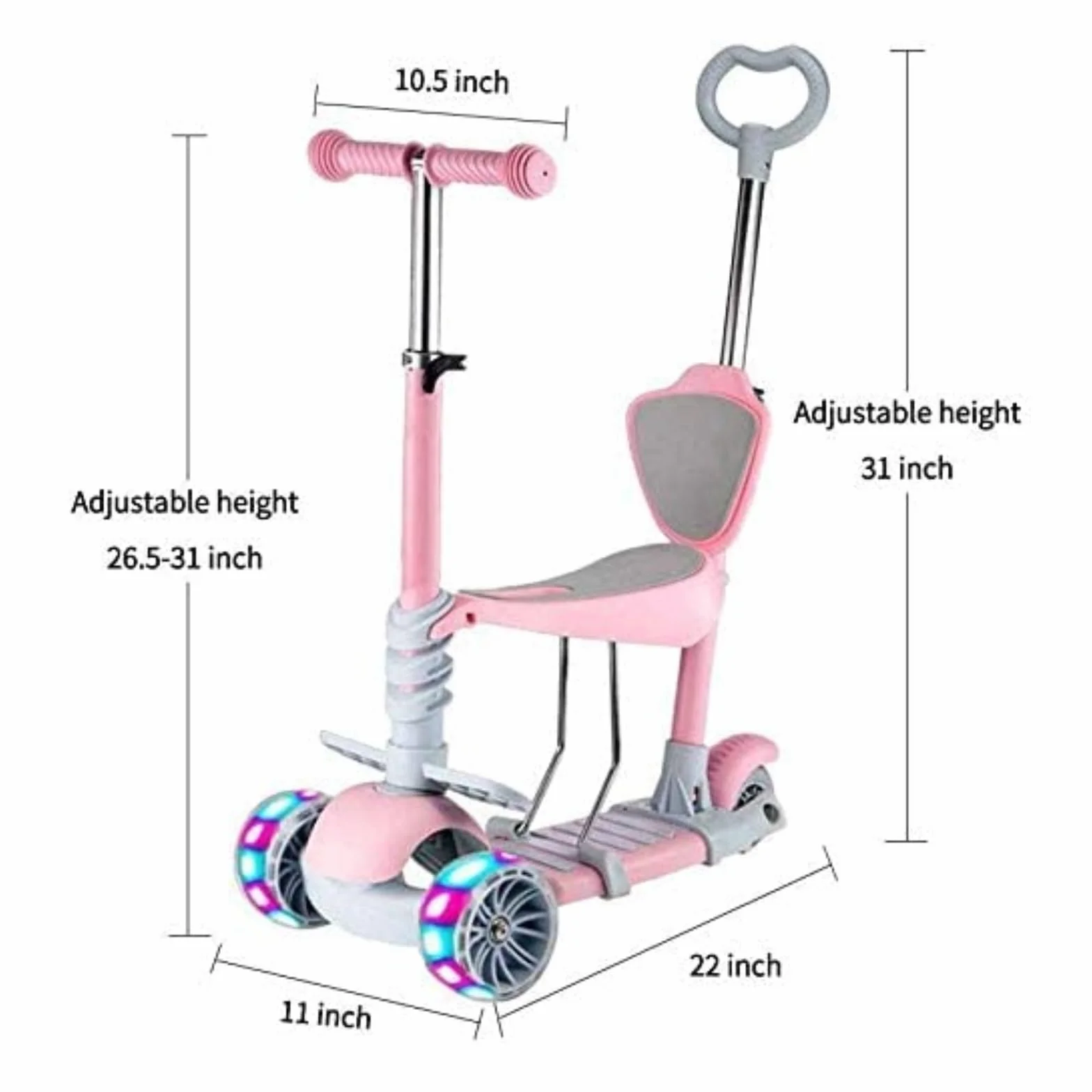 Patinete para Niños 5-en-1 con Asiento Extraíble, 3 PU Ruedas Parpadeantes, Manillar de Altura Ajustable, Respaldo cómodo, Fácil de Dirigir, Patinete Infantil para Niños y Niñas de 1 a 6 Años