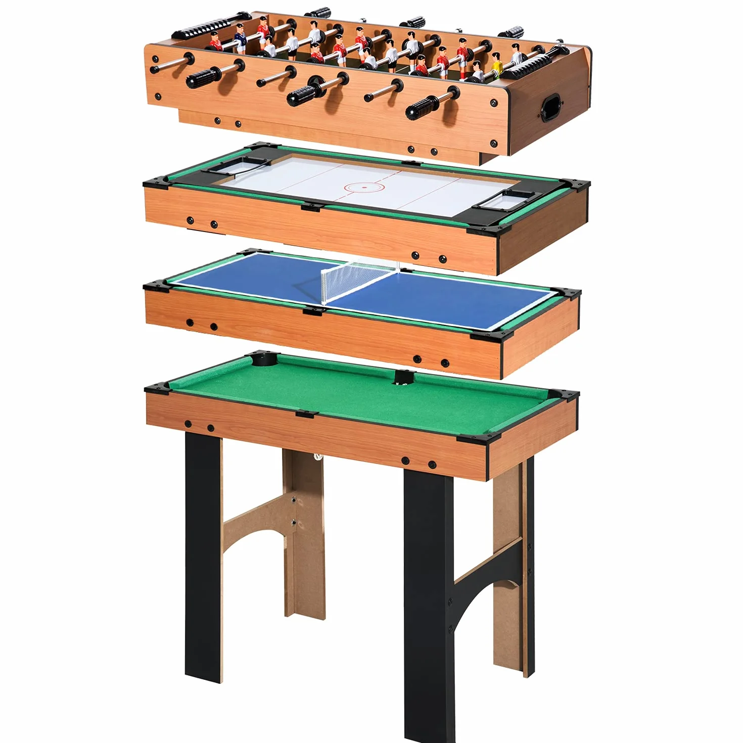 HOMCOM Mesa Multijuegos 4 en 1 para Niños +6 Años Mesa de Juego con Futbolines, Mesita de Billar y Ping-Pong 92x78x80 cm Natural y Negro