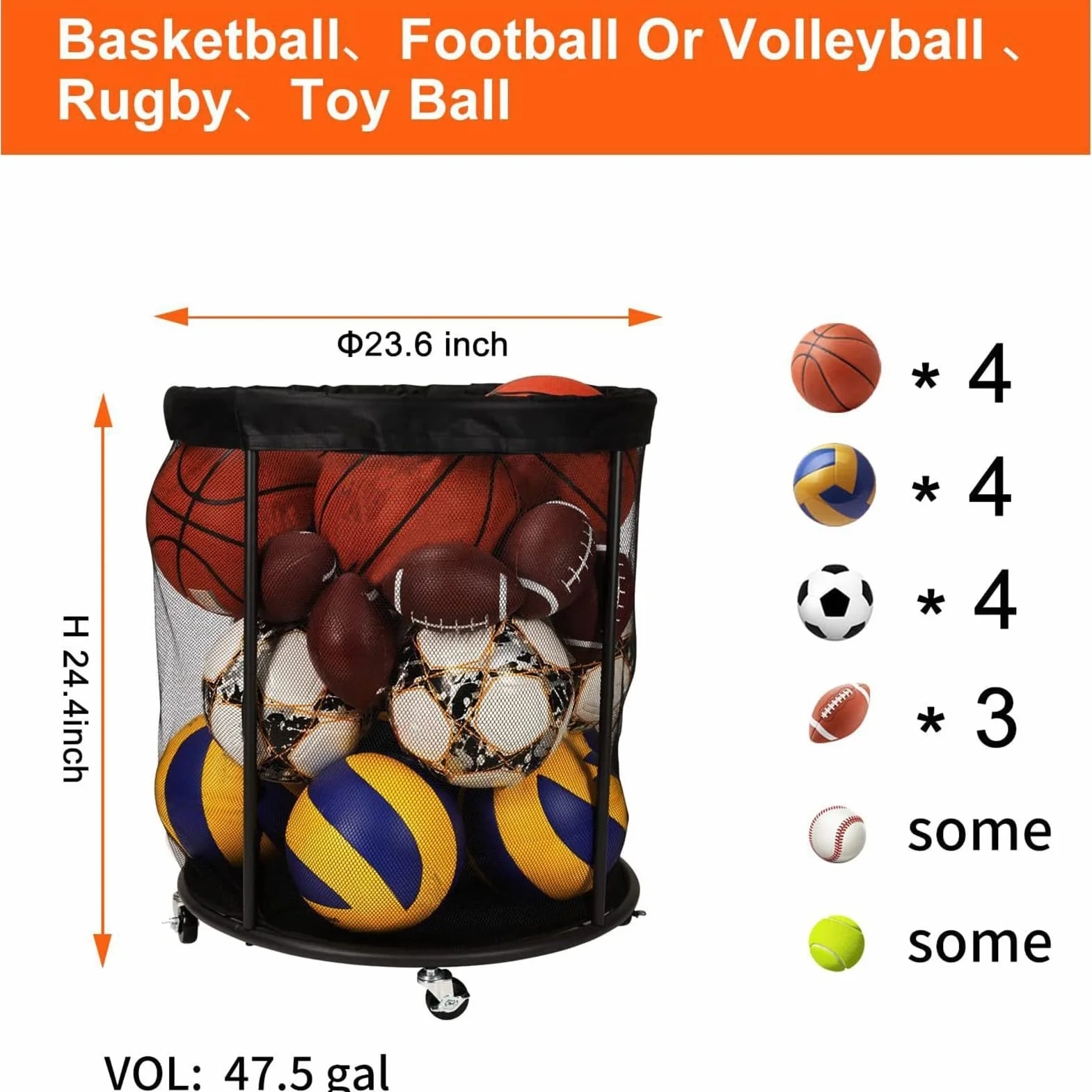 Organizador de Balones Deportivos Portátil con Malla de Gran Capacidad para Exterior Jardín