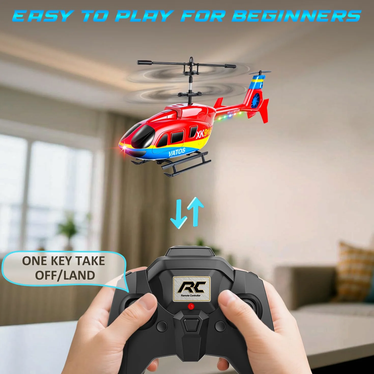 VATOS Helicóptero teledirigido, 2.4GHz Altitud Birdy RC Helicópteros con giroscopio y luz LED, una tecla de despegue y Aterrizaje, 3.5 CH RC Aviones de Juguete para niños Adultos Principiantes