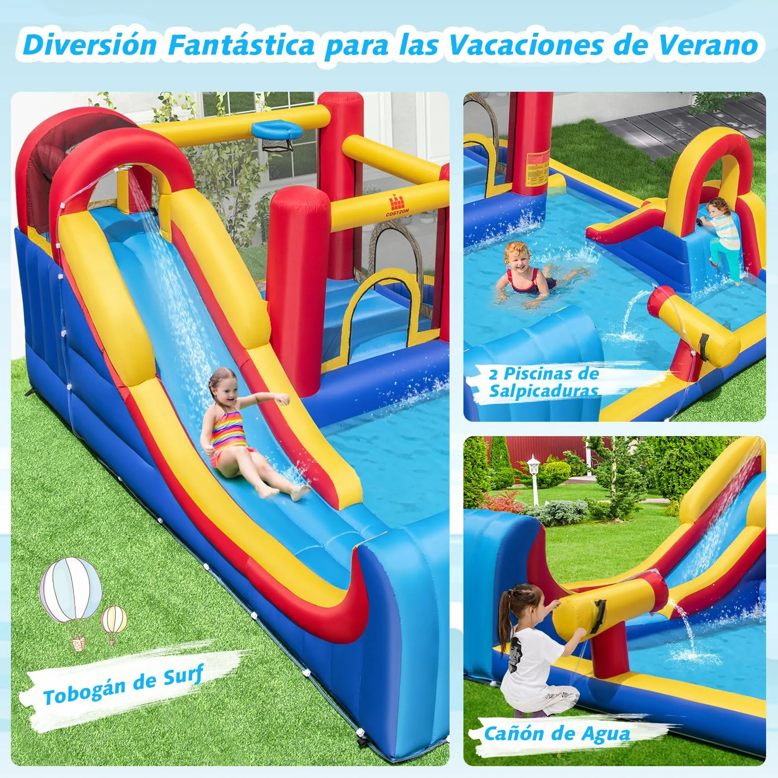 COSTWAY Castillo Hinchable Grande, Parque Acuático Infantil con Doble Tobogán, 2 Piscinas, Área de Salto y Aro de Baloncesto, 450 x 392 x 216 cm, para Jardín Patio, Multicolor (sin Soplador)