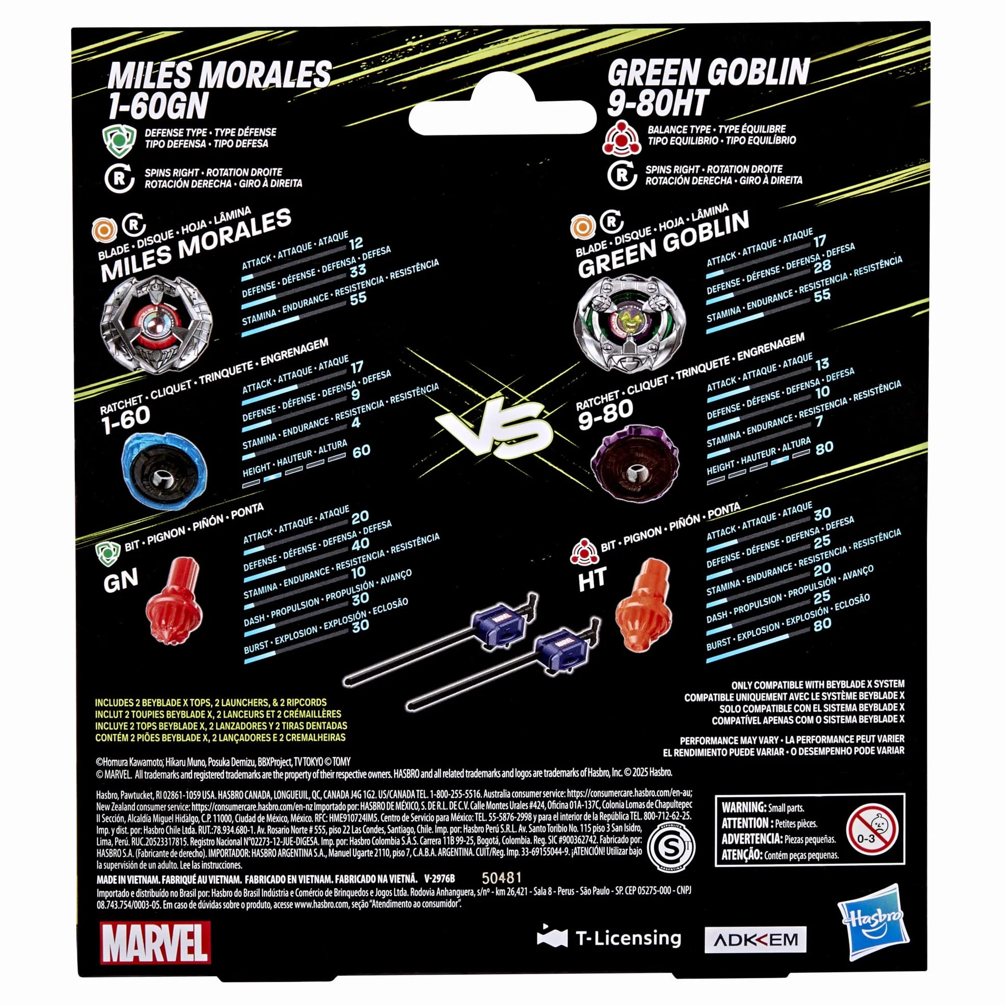 Colaboración Beyblade X y Marvel, Miles Morales 1-60GN vs. Green Goblin 9-80HT
