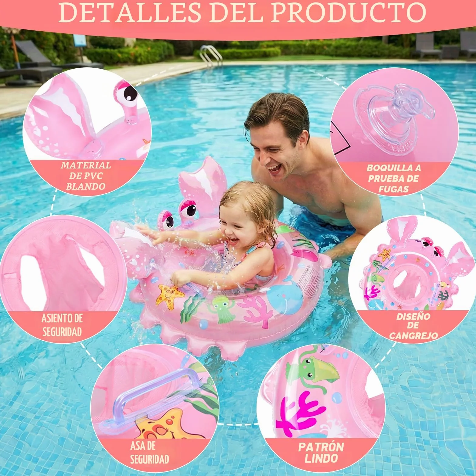Ninonly Flotador Bebe Anillo de Natación Inflable Asiento con Bomba de Aire,2Parches de Reparación para Niños de 12 a 36 Meses Baño y Entrenamiento de Natación,Piscina,Playa,Bañera (Rosa Cangrejo)