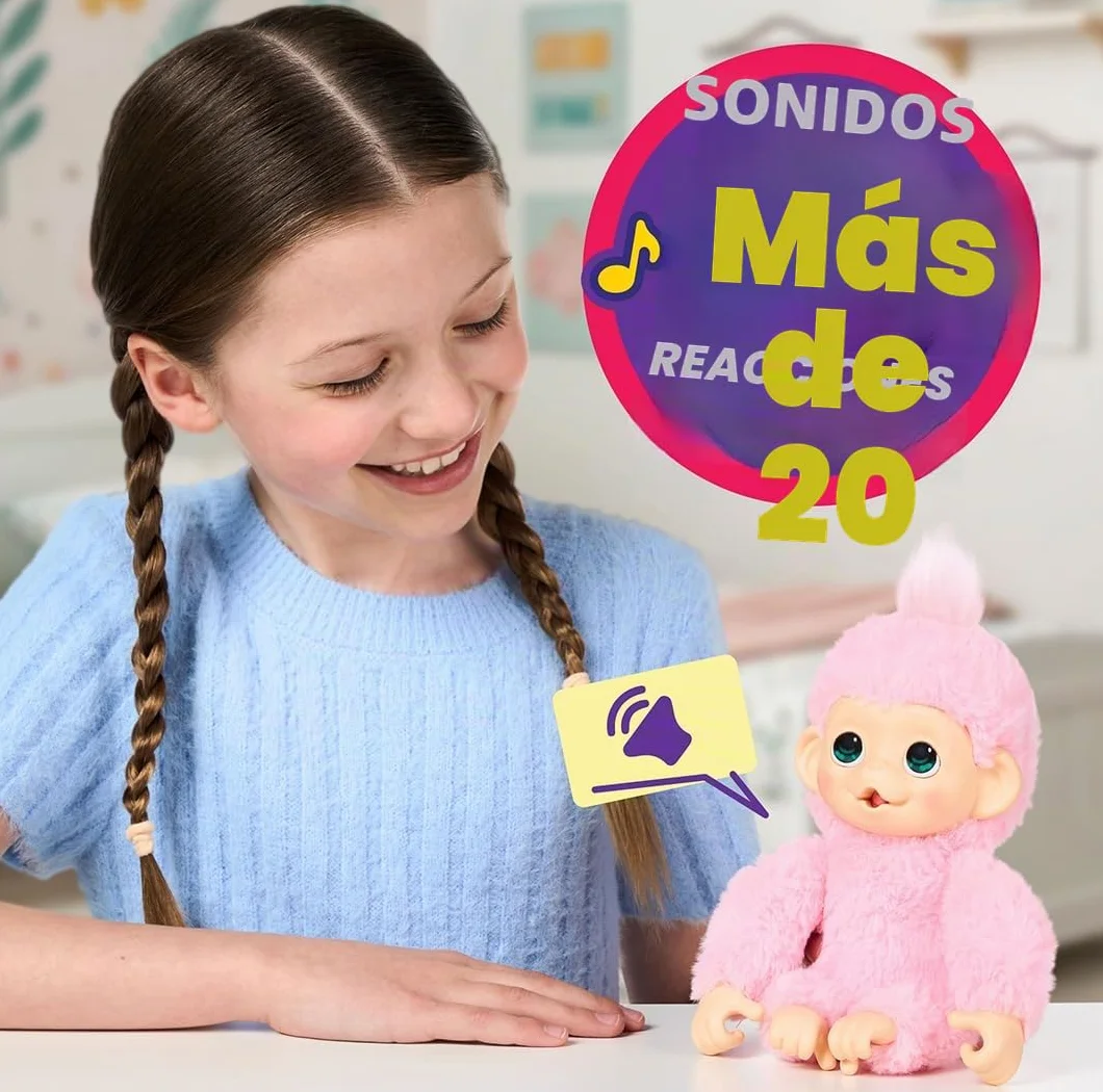 Little Live Pets Baby Monkey Minis Luna Lemon, Juguete Interactivo, 20 Sonidos, Suave Pelaje Rosa, 18,8 cm