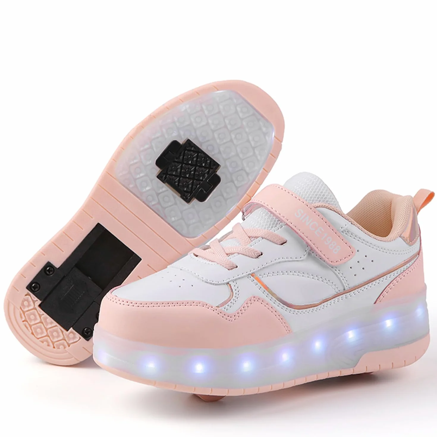 Patines con Ruedas y Luces USB Automática para Niños - Calzado de Skateboarding Rosa 35EU
