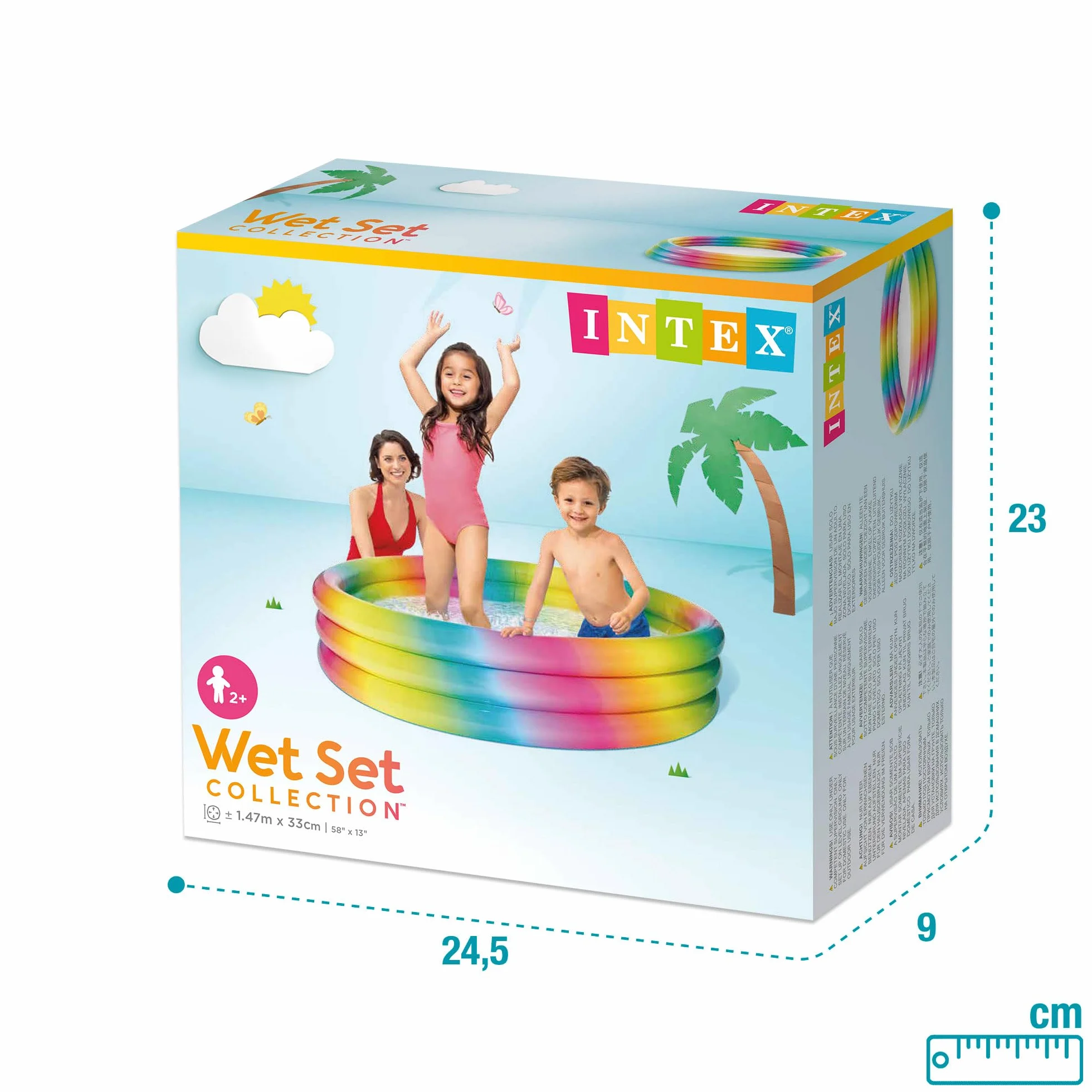 Intex Piscina Hinchable Infantil, 147x33 cm, 330 litros, diseño arcoíris, 3 cámaras de Aire con Doble válvula, Vinilo Resistente, Uso Exterior, Incluye Parche de reparación, niños +2 años (58439)