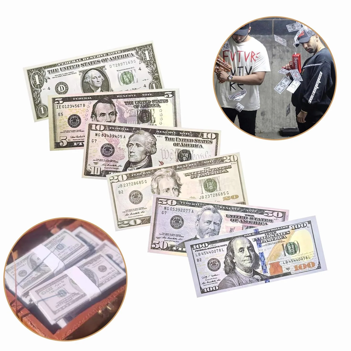 AMJKEJI 100 Piezas Billetes Falsos Tamaño Original Dólares, Copy Billetes Dolar Falsos 100$ Dinero Juguete para Caja Registradora Niño, Juego de rol, Películas, Anuncios Publicitarios